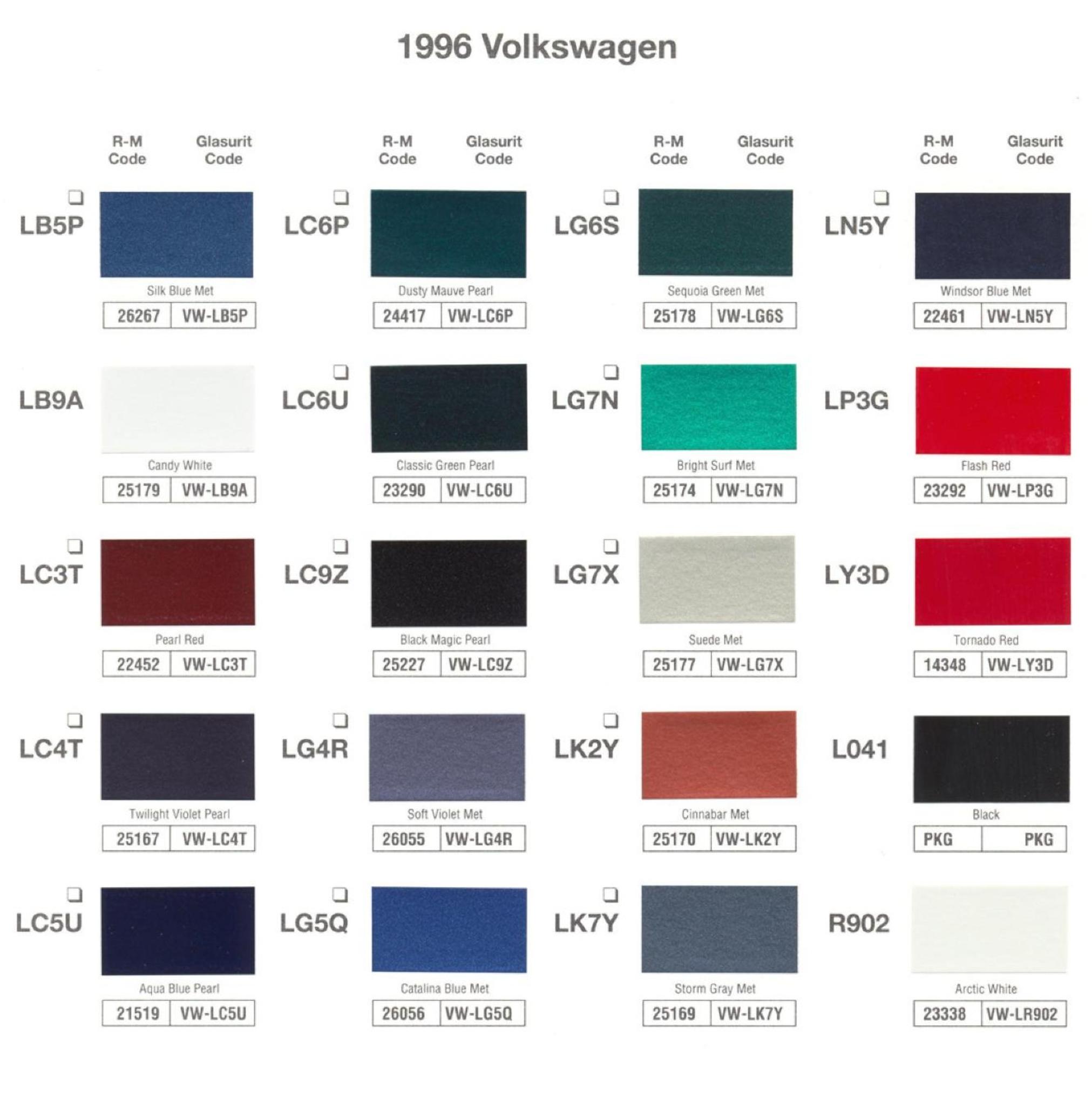 1996 Volkswagen and Audi Paint Code Color Chart