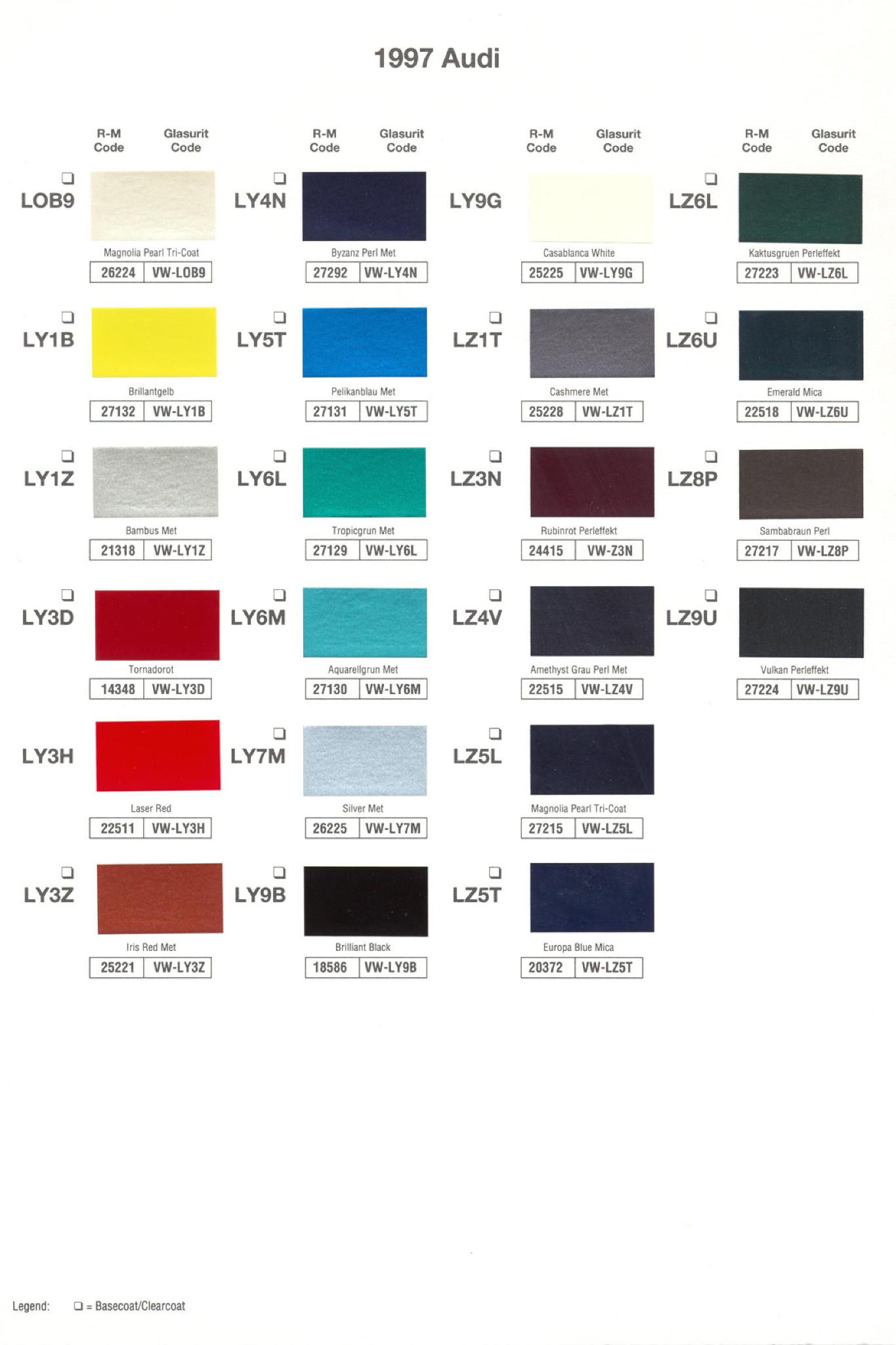 1997 Volkswagen and Audi Paint Code Color Chart