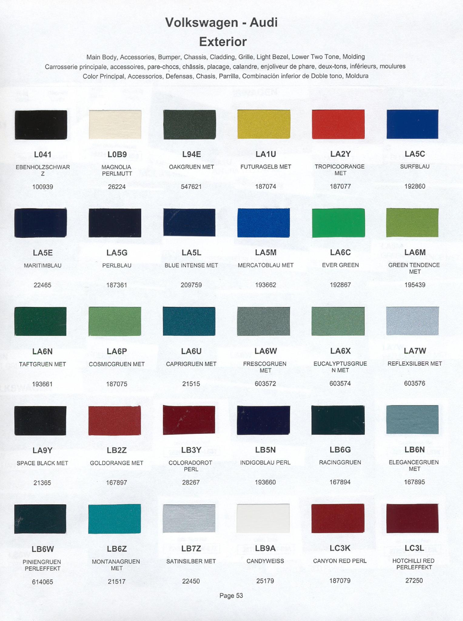1999 Volkswagen and Audi Paint Code Color Chart