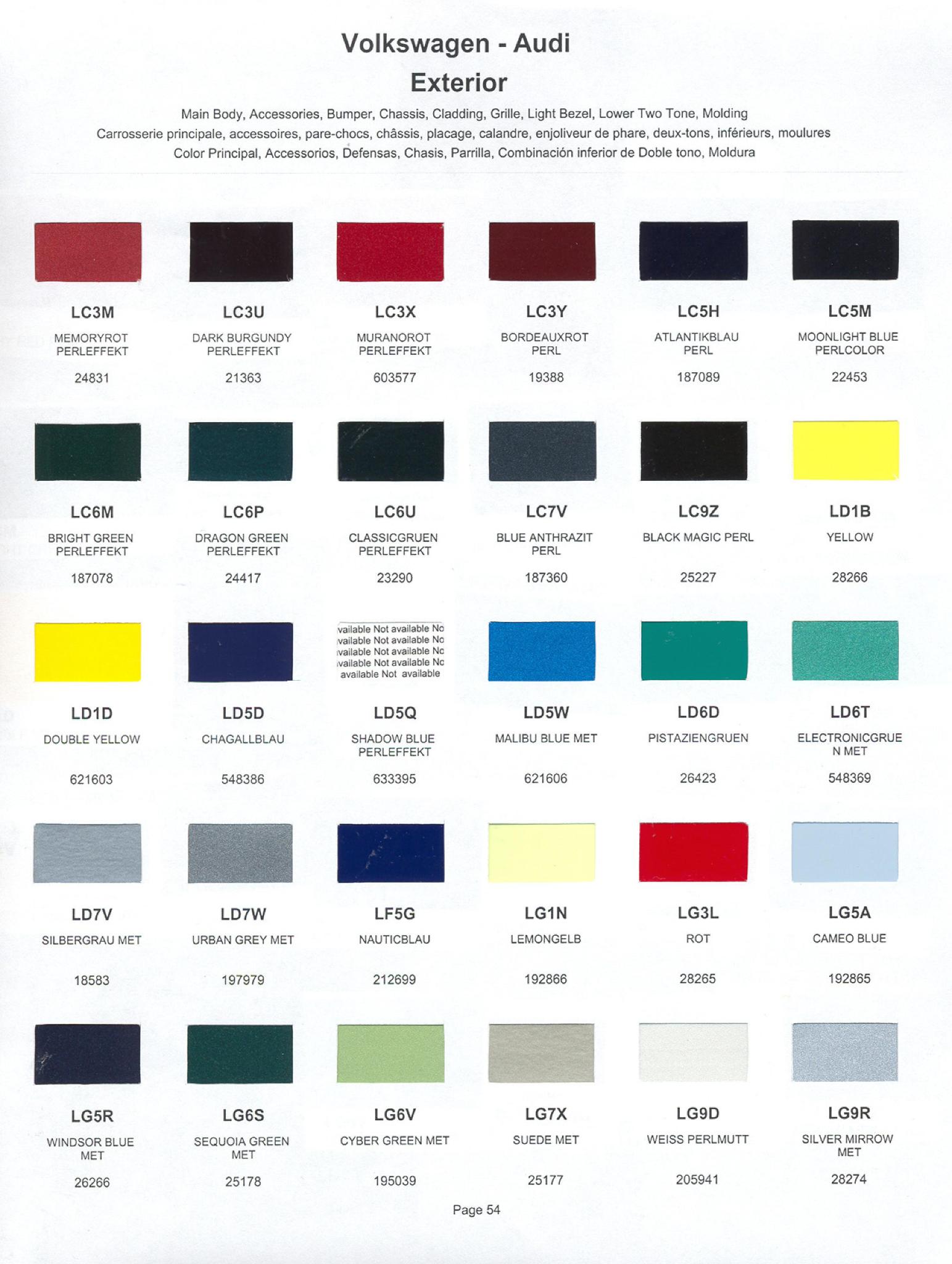 2000 Volkswagen and Audi Paint Code Color Chart
