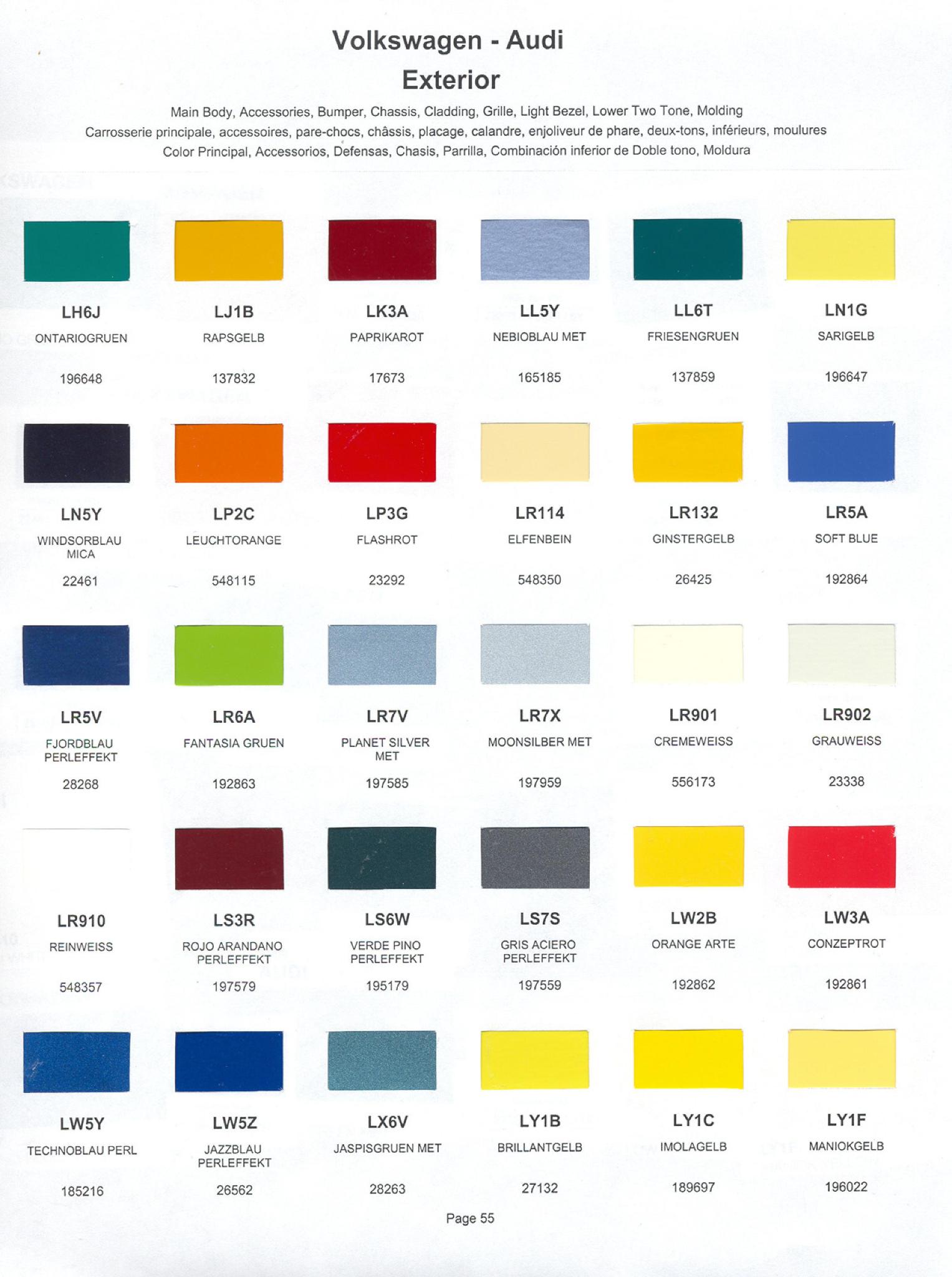 2000 Volkswagen and Audi Paint Code Color Chart