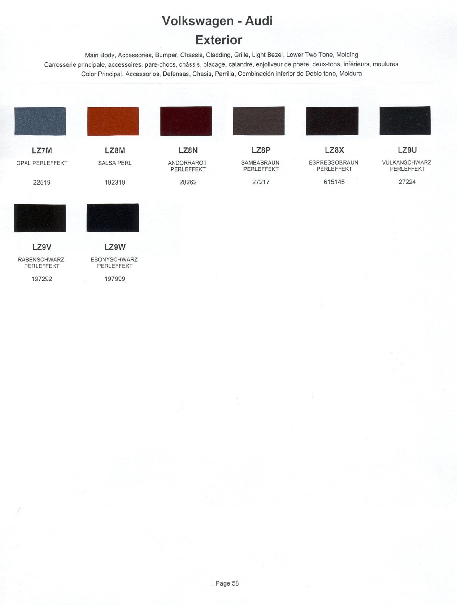 2000 Volkswagen and Audi Paint Code Color Chart