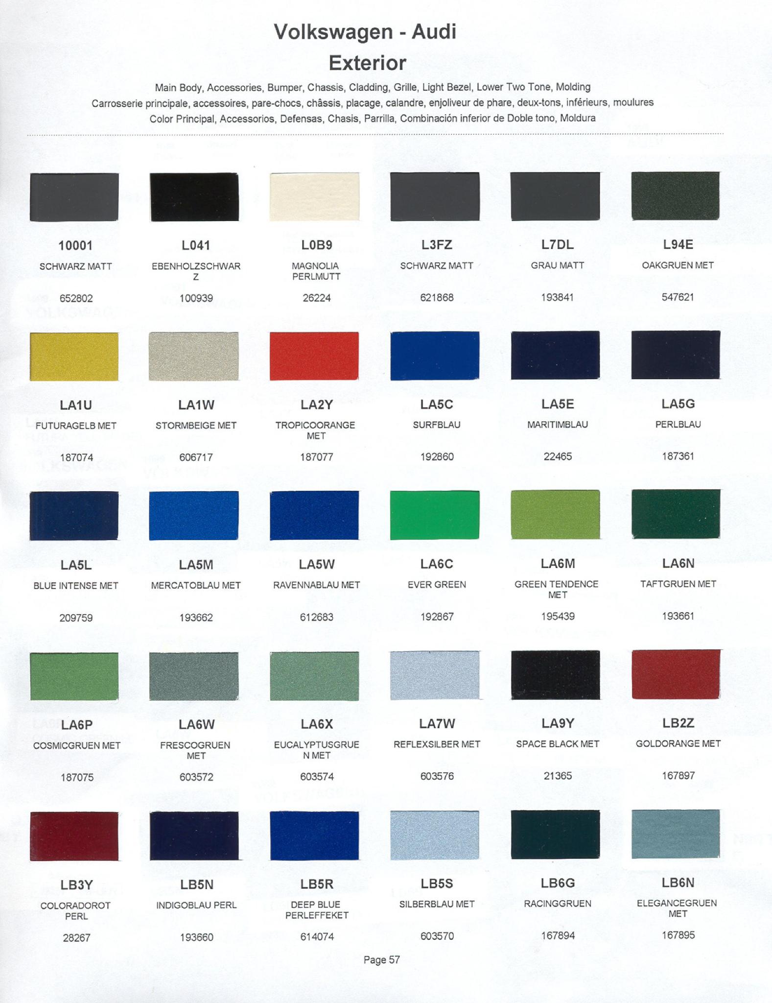 Volkswagen and Audi Paint Code Color Chart