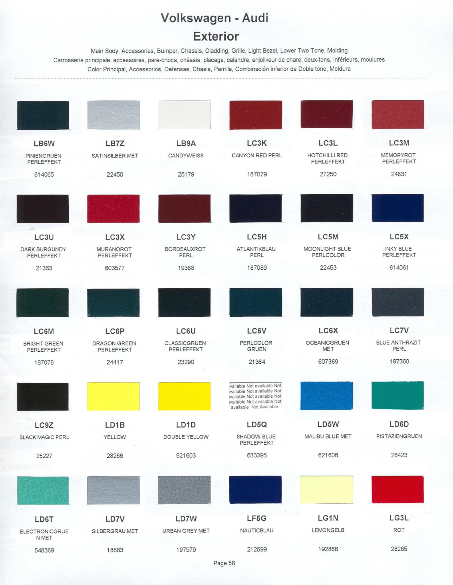 Volkswagen and Audi Paint Code Color Chart