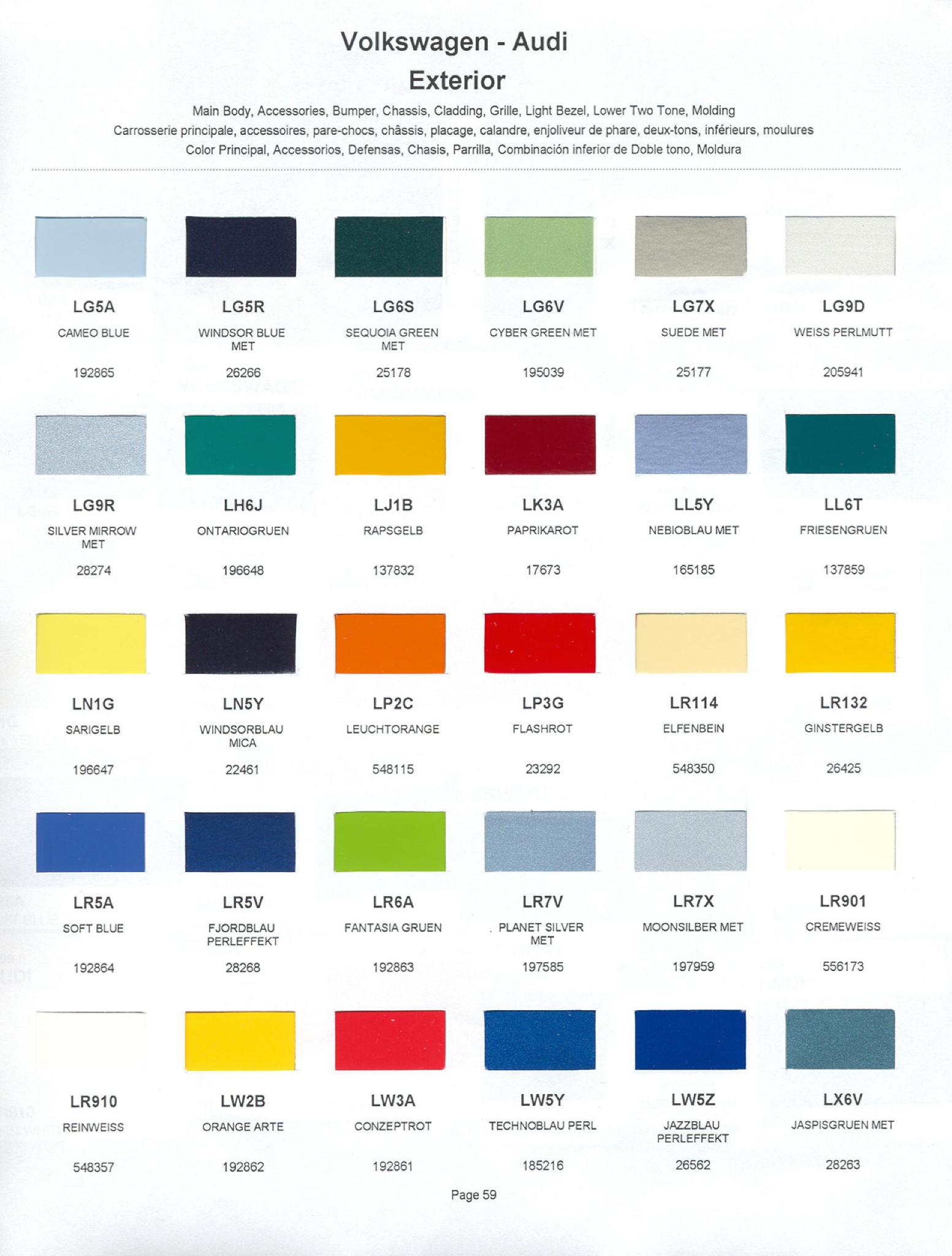 Volkswagen and Audi Paint Code Color Chart