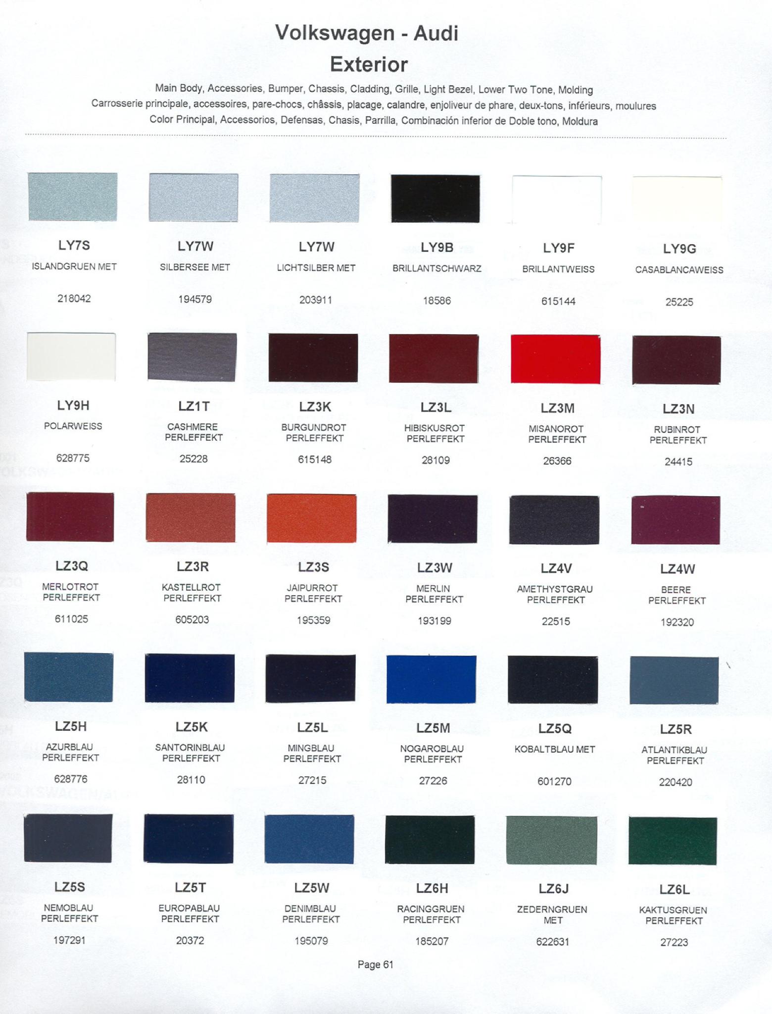 2001 Volkswagen and Audi Paint Code Color Chart