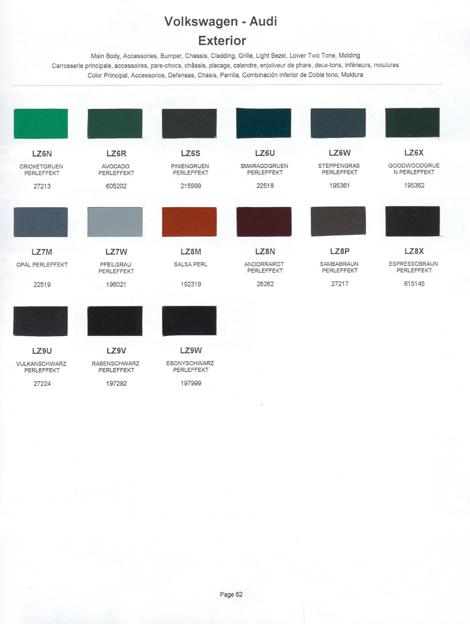 2000 Volkswagen and Audi Paint Code Color Chart