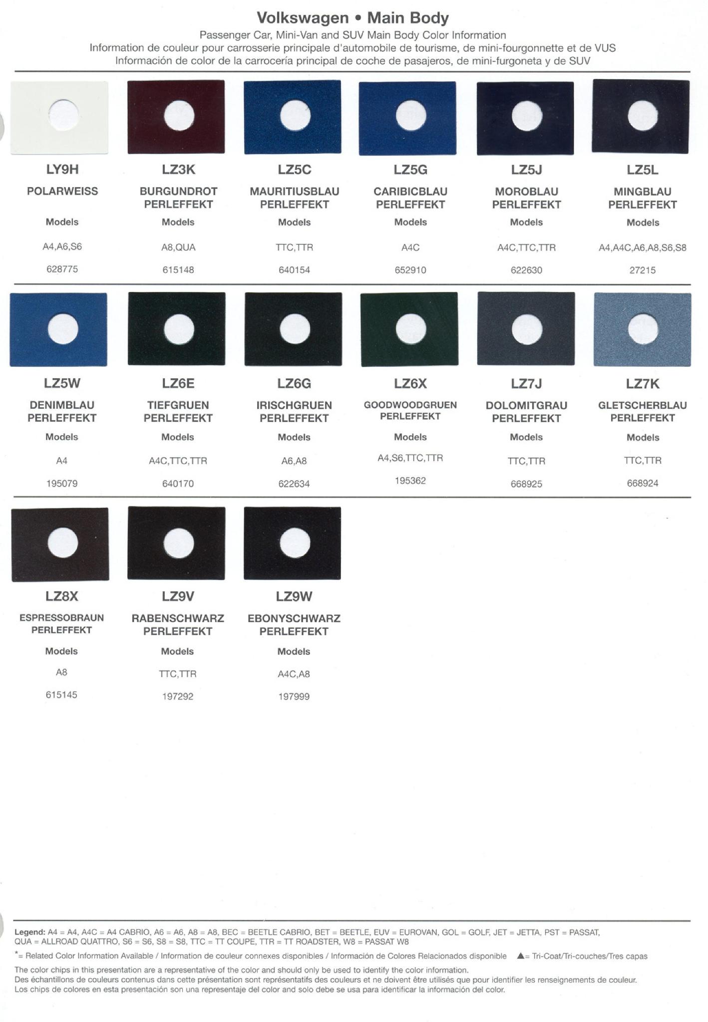 2003 Volkswagen and Audi Paint Code Color Chart