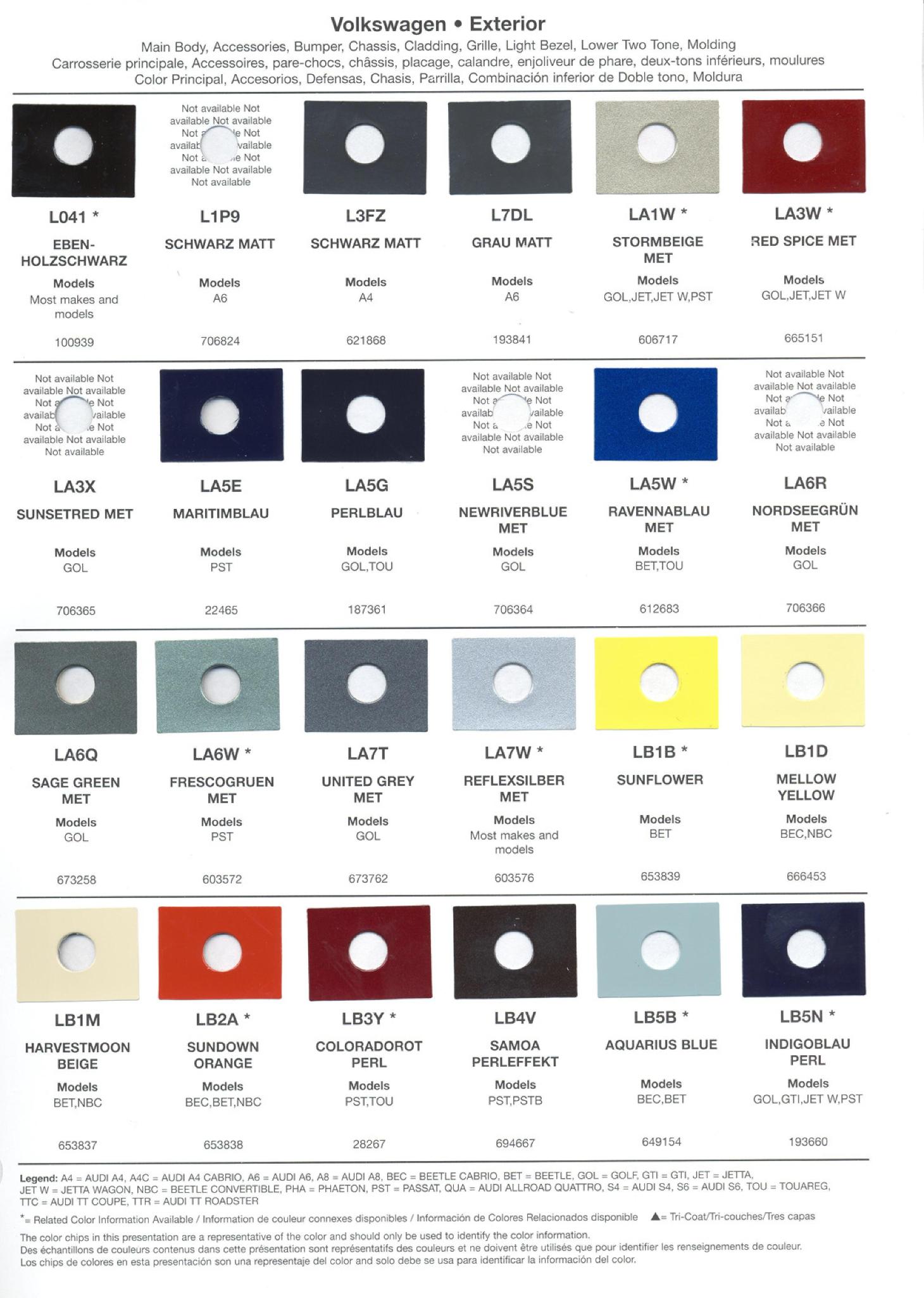 Volkswagen and Audi Paint Code Color Chart