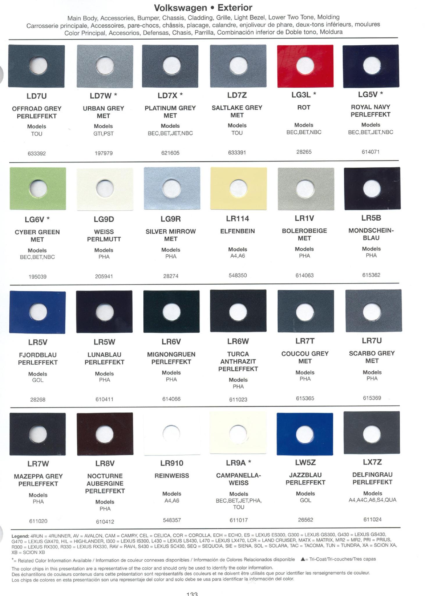 Volkswagen and Audi Paint Code Color Chart