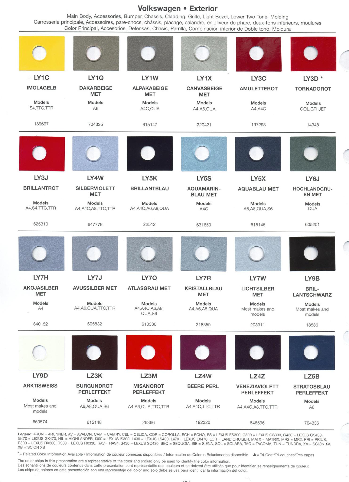 Volkswagen and Audi Paint Code Color Chart