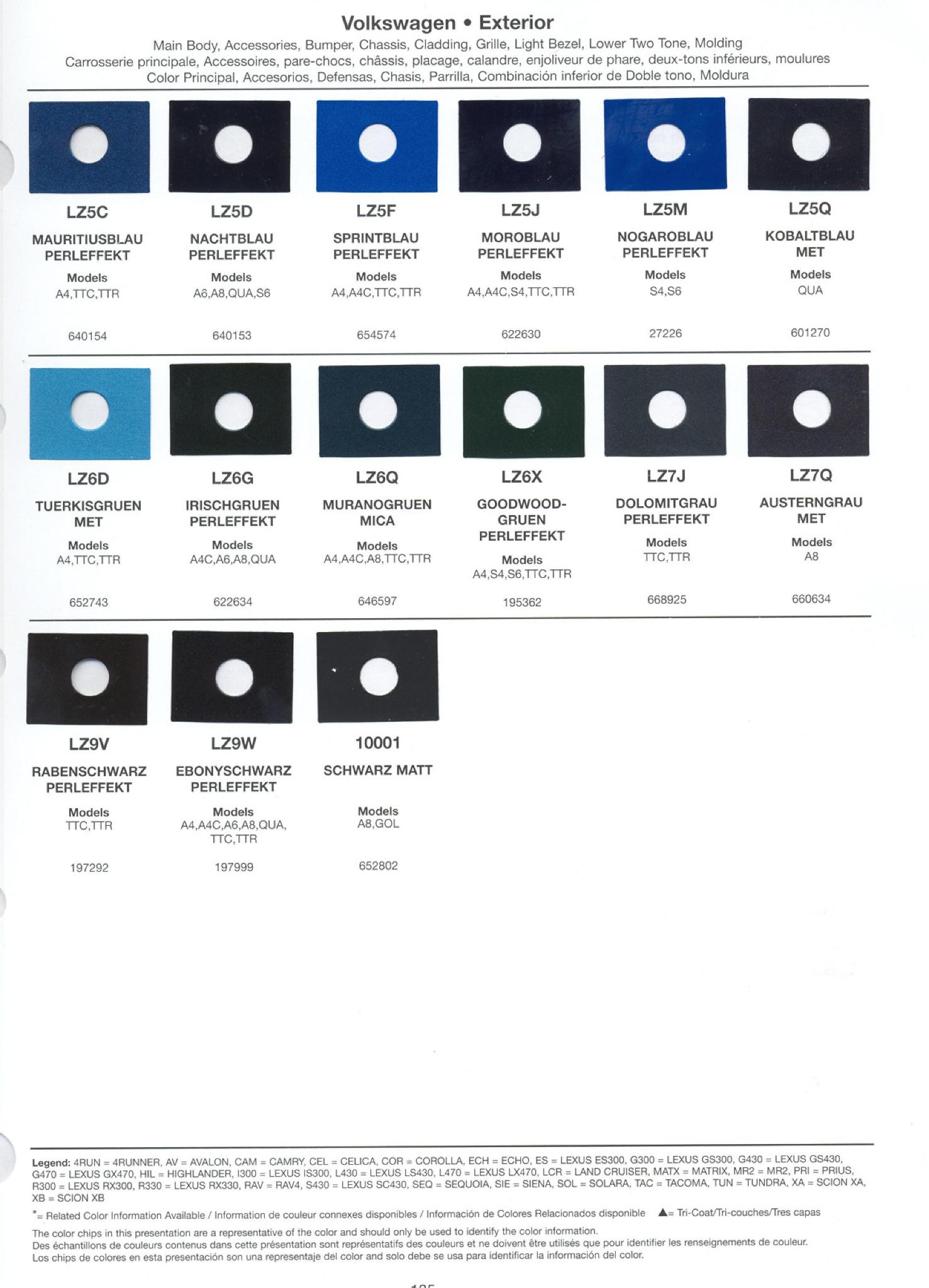 Volkswagen and Audi Paint Code Color Chart