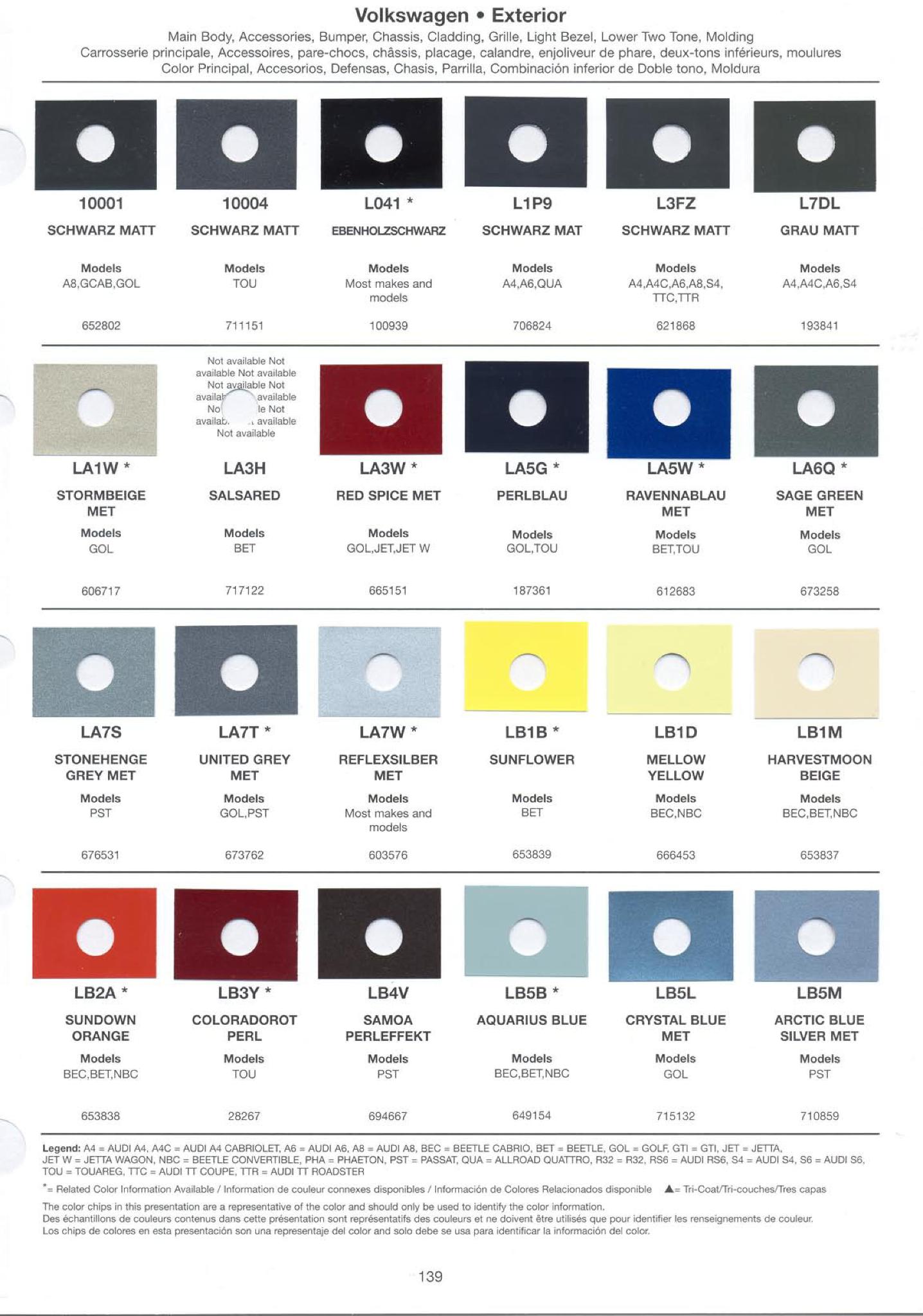 Volkswagen and Audi Paint Code Color Chart