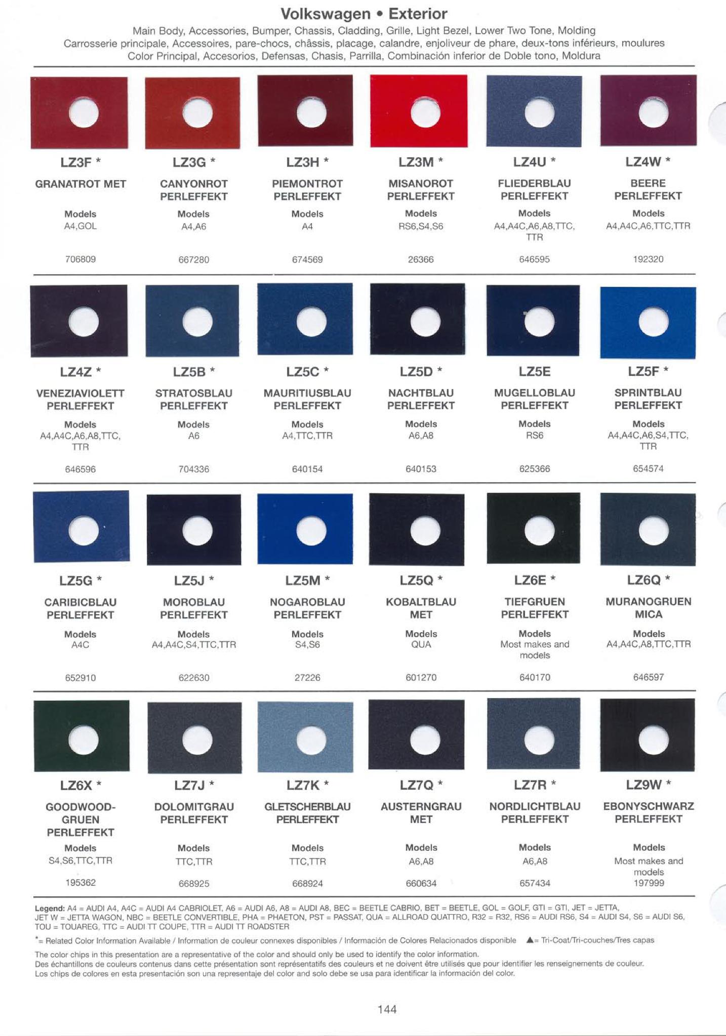 Volkswagen and Audi Paint Code Color Chart