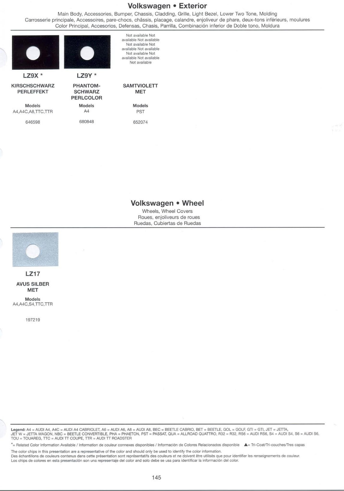 Volkswagen and Audi Paint Code Color Chart