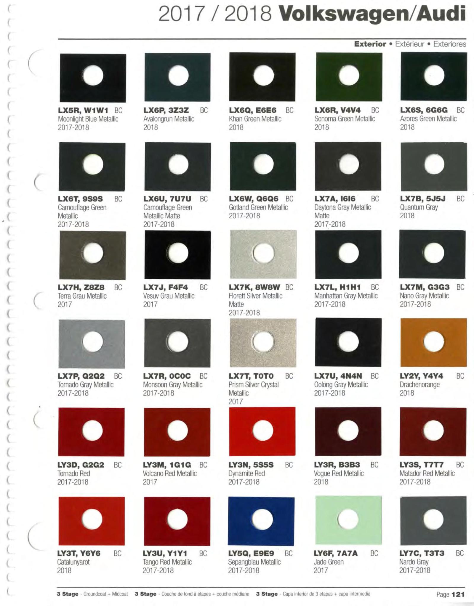 2017 - 2018 Vw/Audi Page 3 Volkswagen and Audi Paint Code Color Chart
