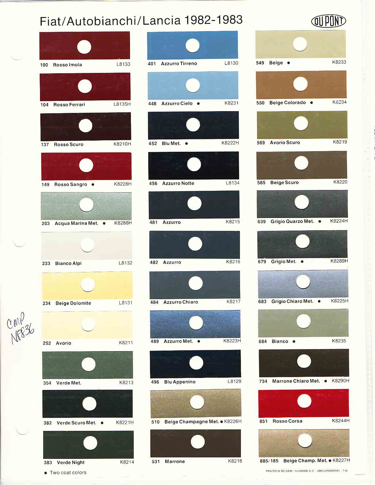1982 & 1983 Fiat Paint Codes & Color Charts Color swatches, and their ordering paint codes for Fiat Branded vehicles