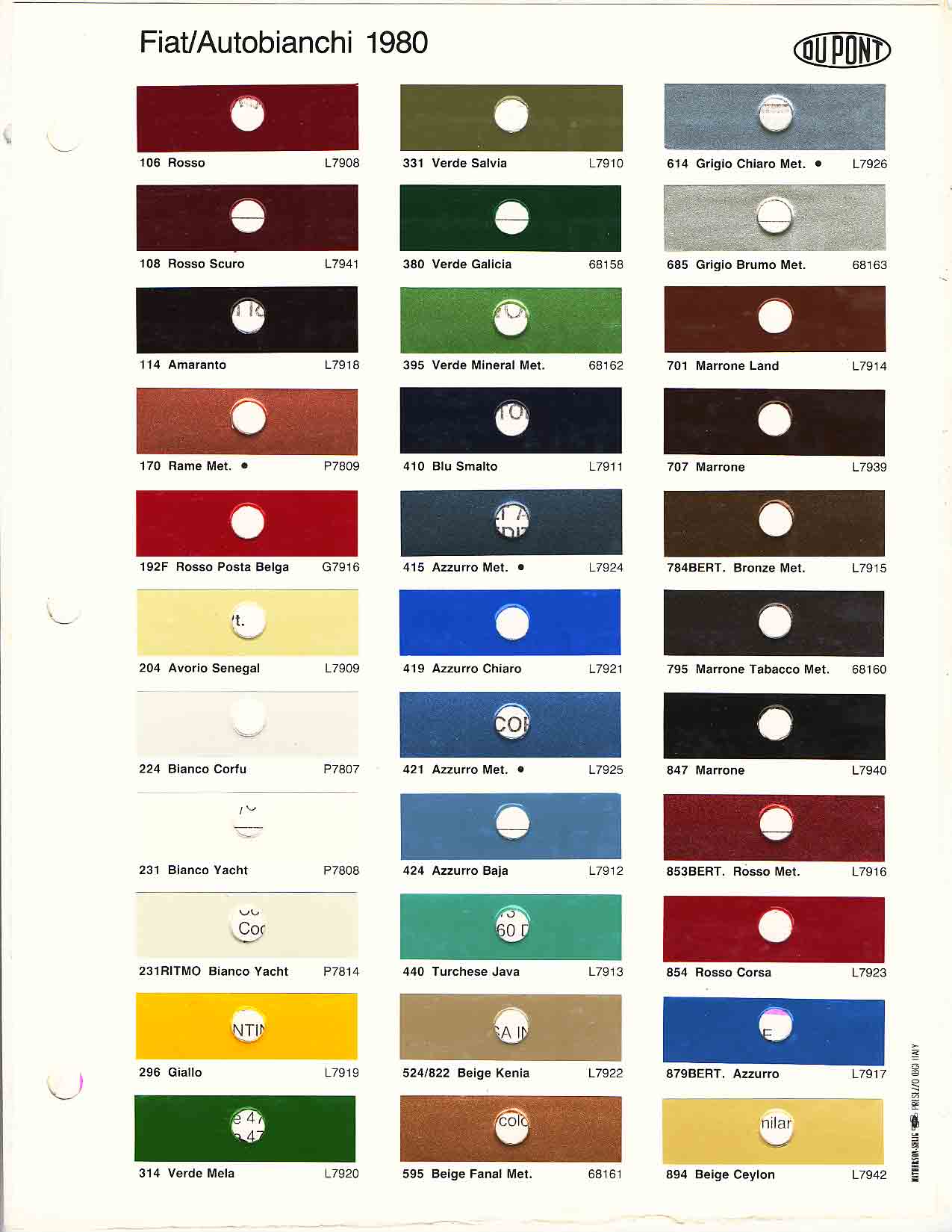 1980 Fiat Paint Codes & Color Charts Color swatches, and their ordering paint codes for Fiat Branded vehicles