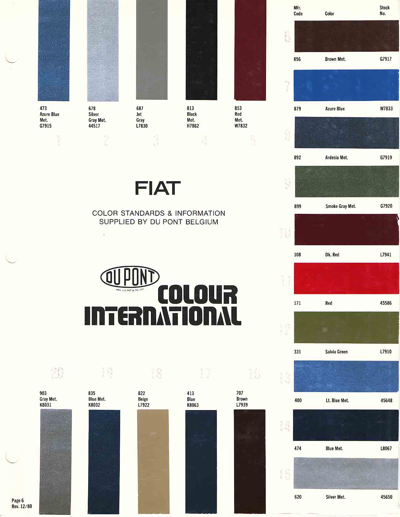 1980 Fiat Paint Codes & Color Charts Color swatches, and their ordering paint codes for Fiat Branded vehicles