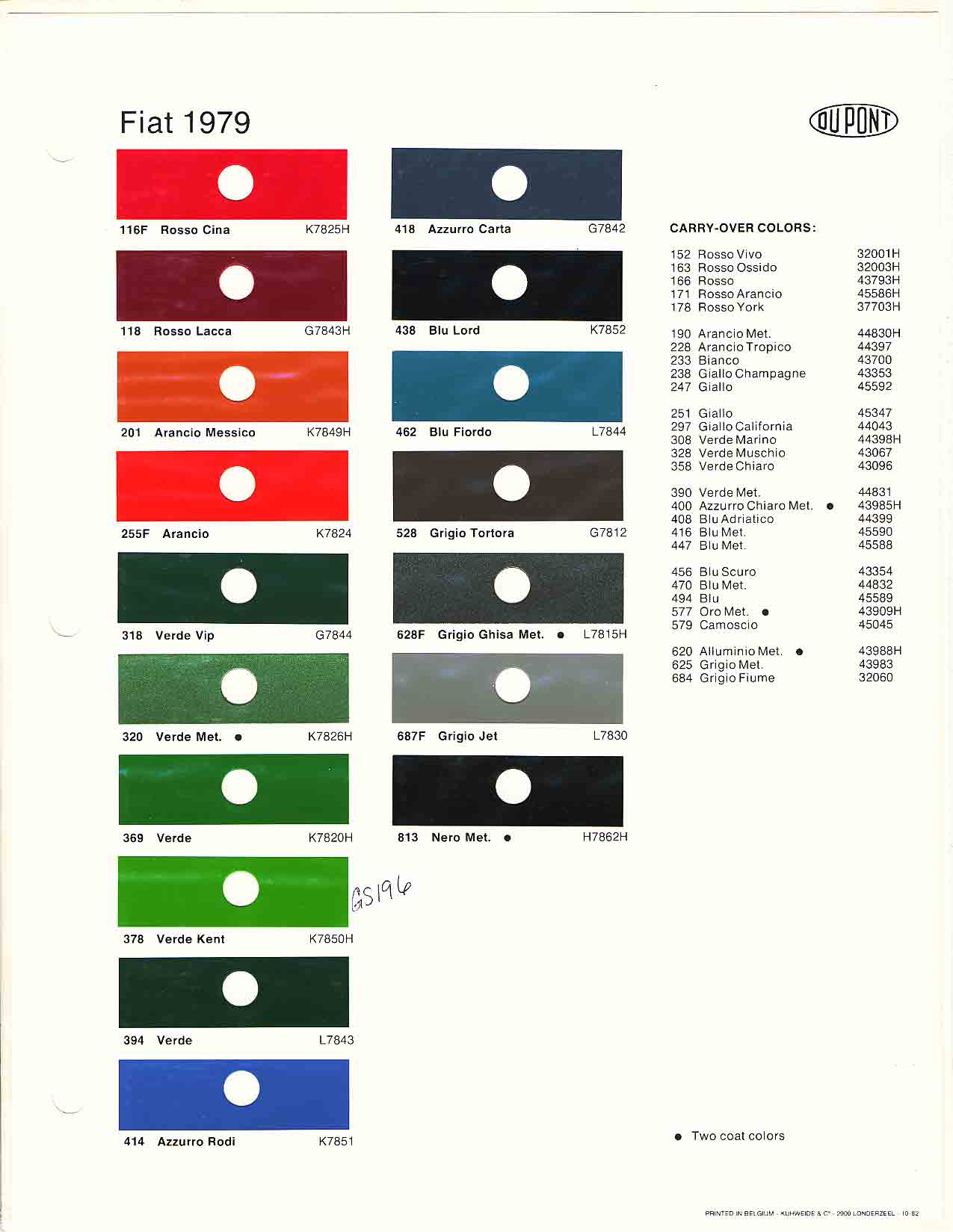 1979 Fiat Paint Codes and Color Chart Color swatches, and their ordering paint codes for Fiat Branded vehicles
