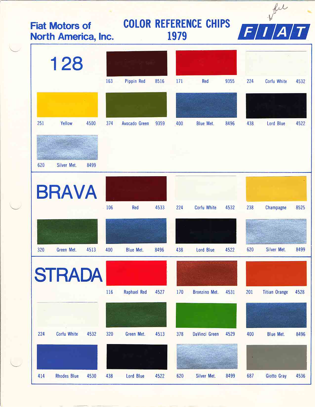 1979 Fiat Paint Codes and Color Chart Color swatches, and their ordering paint codes for Fiat Branded vehicles