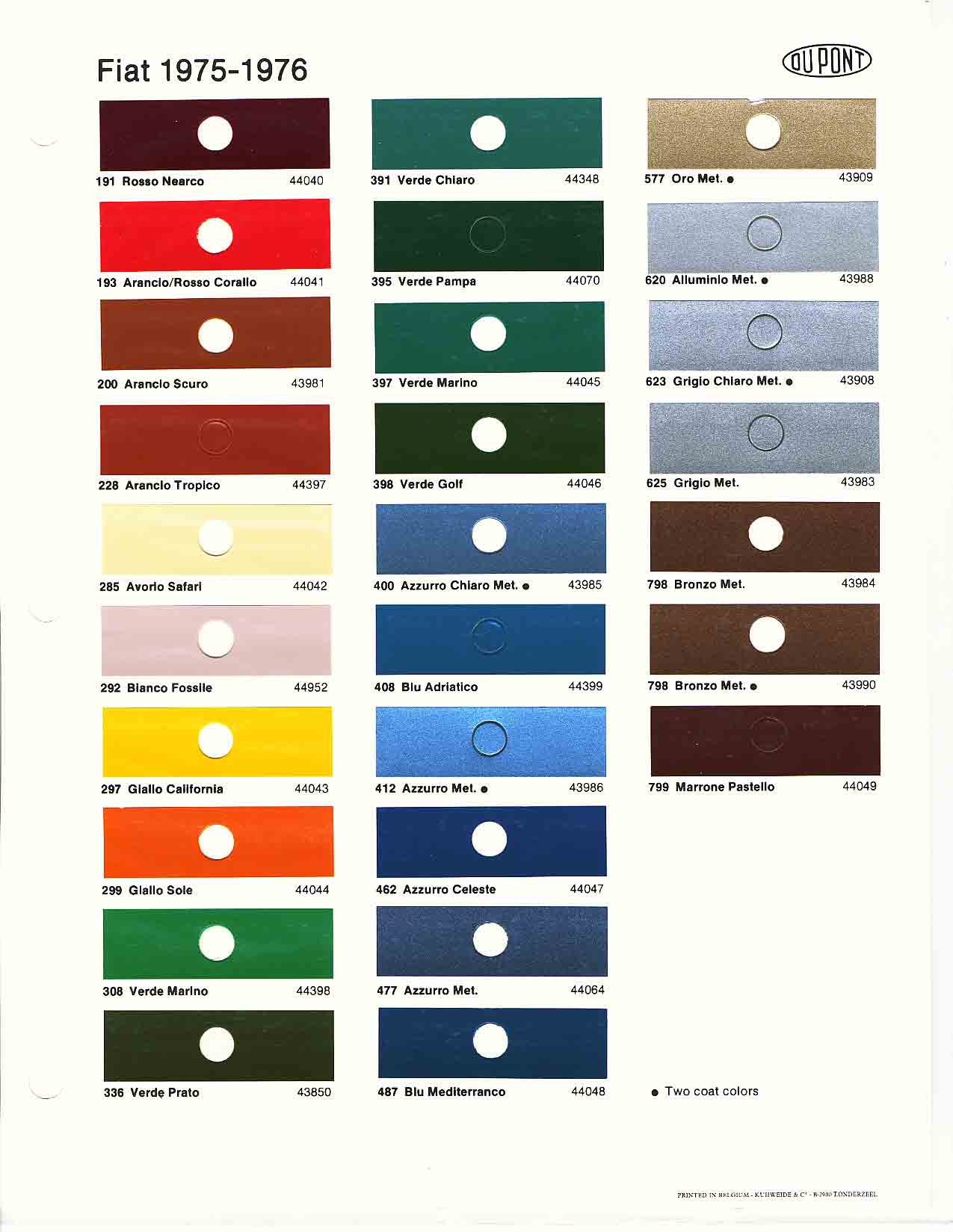 1975 1976 Fiat Paint Codes and Color Chart Color swatches, and their ordering paint codes for Fiat Branded vehicles