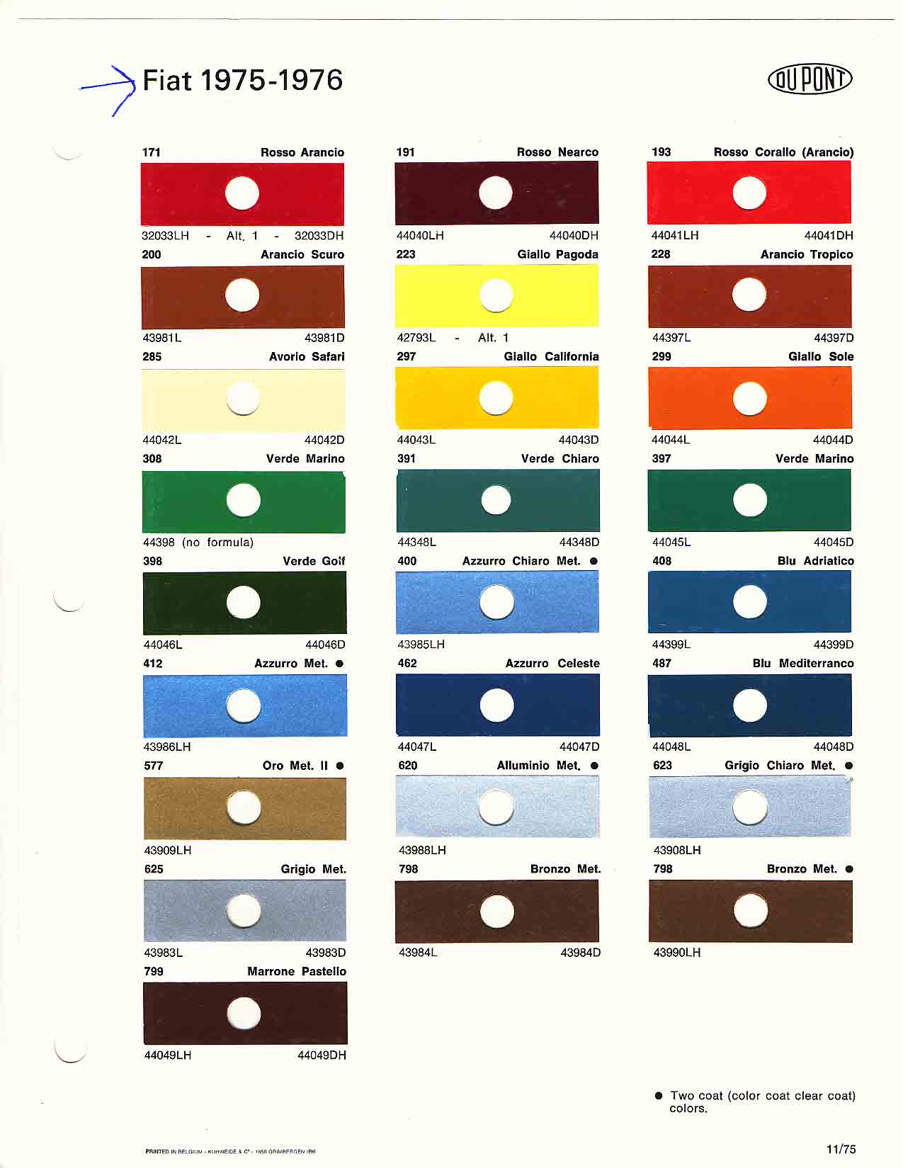 1975 1976 Fiat Paint Codes and Color Chart Color swatches, and their ordering paint codes for Fiat Branded vehicles