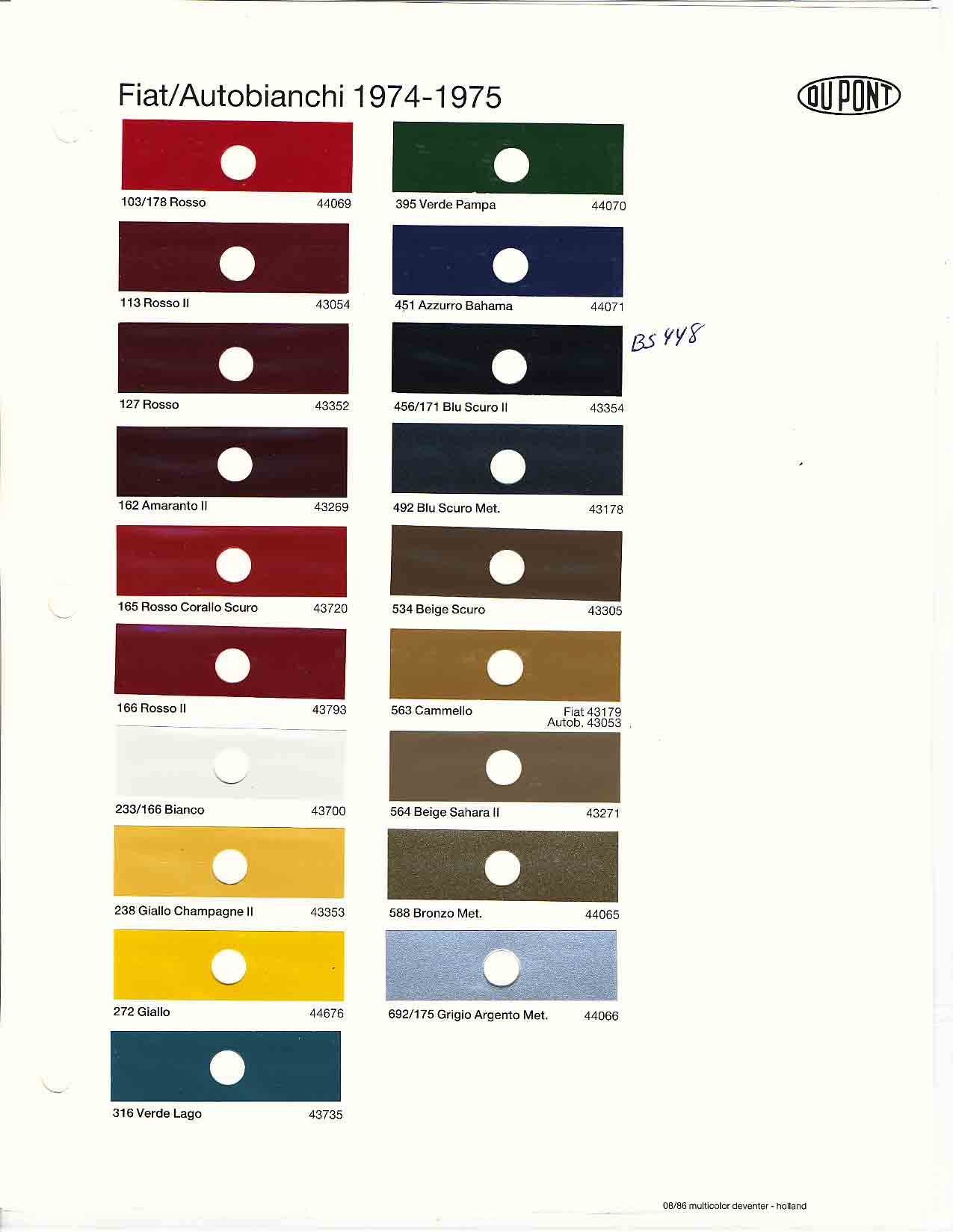 1973-1974 Fiat Paint Codes and Color Chart Color swatches, and their ordering paint codes for Fiat Branded vehicles