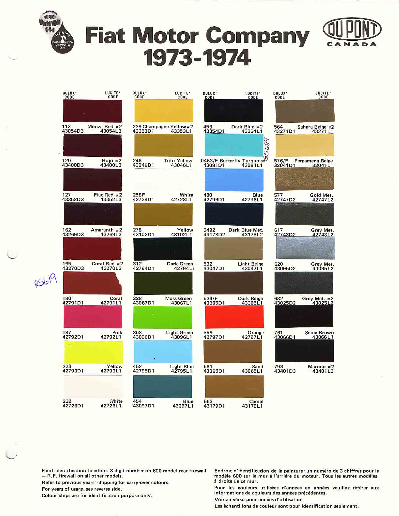 1973-1974 Fiat Paint Codes and Color Chart Color swatches, and their ordering paint codes for Fiat Branded vehicles