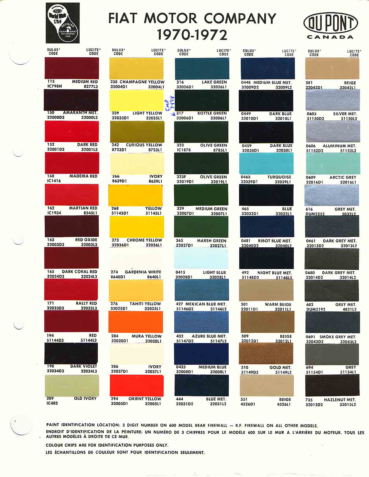 1970-1972 Fiat Paint Codes and Color Chart Color swatches, and their ordering paint codes for Fiat Branded vehicles