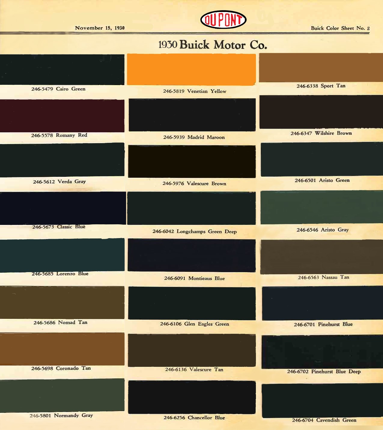1930 Buick Paint Codes from Dulux Dupont. Edited to combine, added better pixel colors Paint chart for 1930's Buick exterior colors