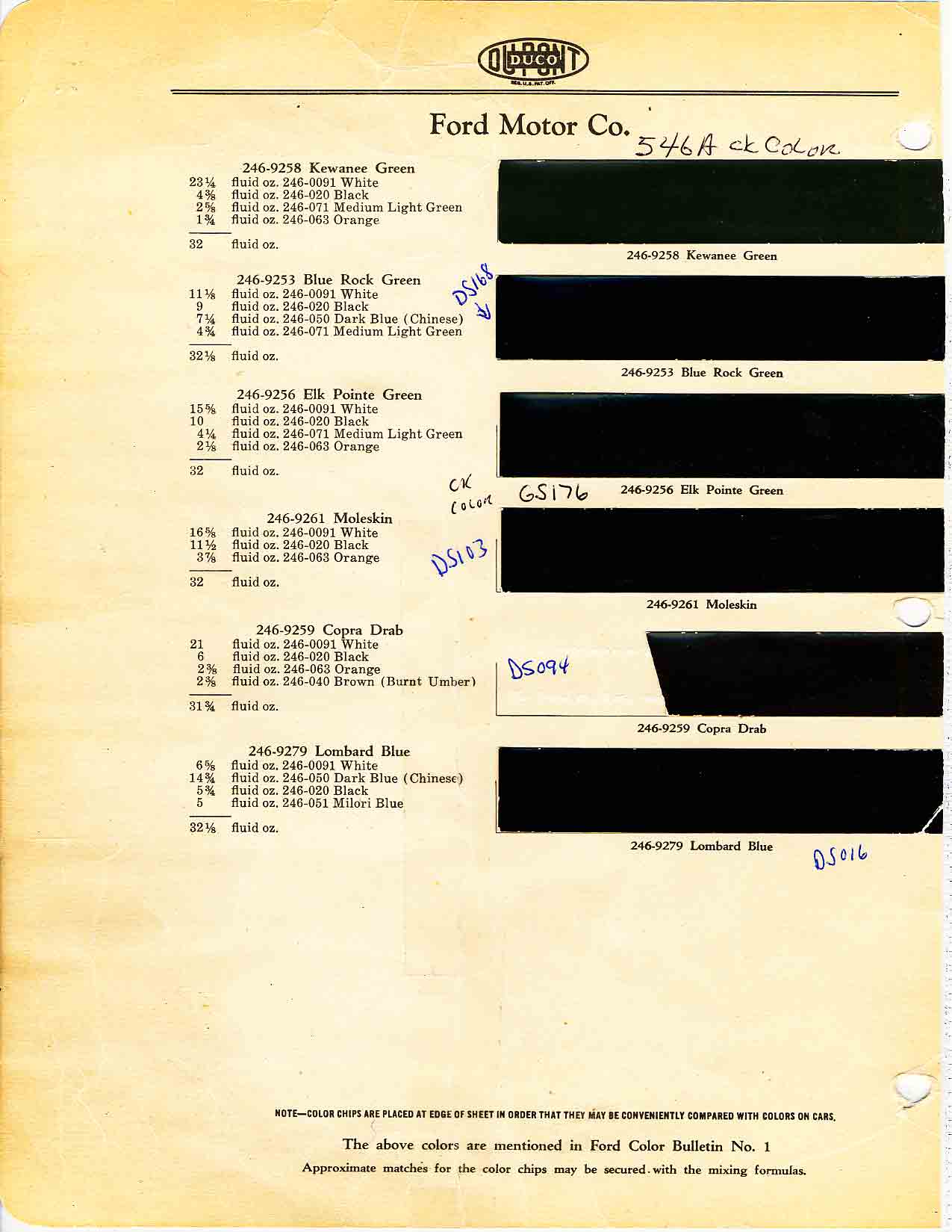 1930 Ford Motor Vehicle Color Code Chart/Page Paint