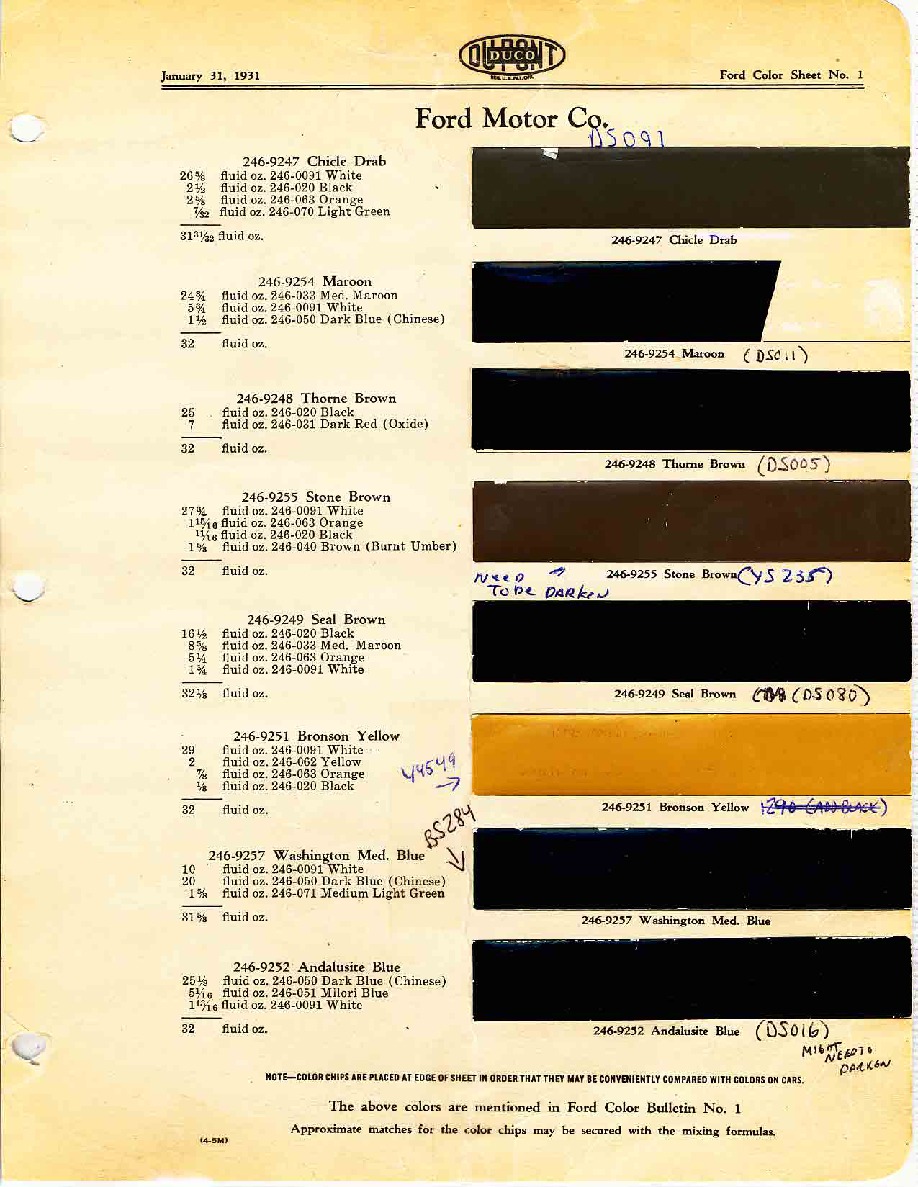 1930 Ford Motor Vehicle Color Code Chart/Page Paint