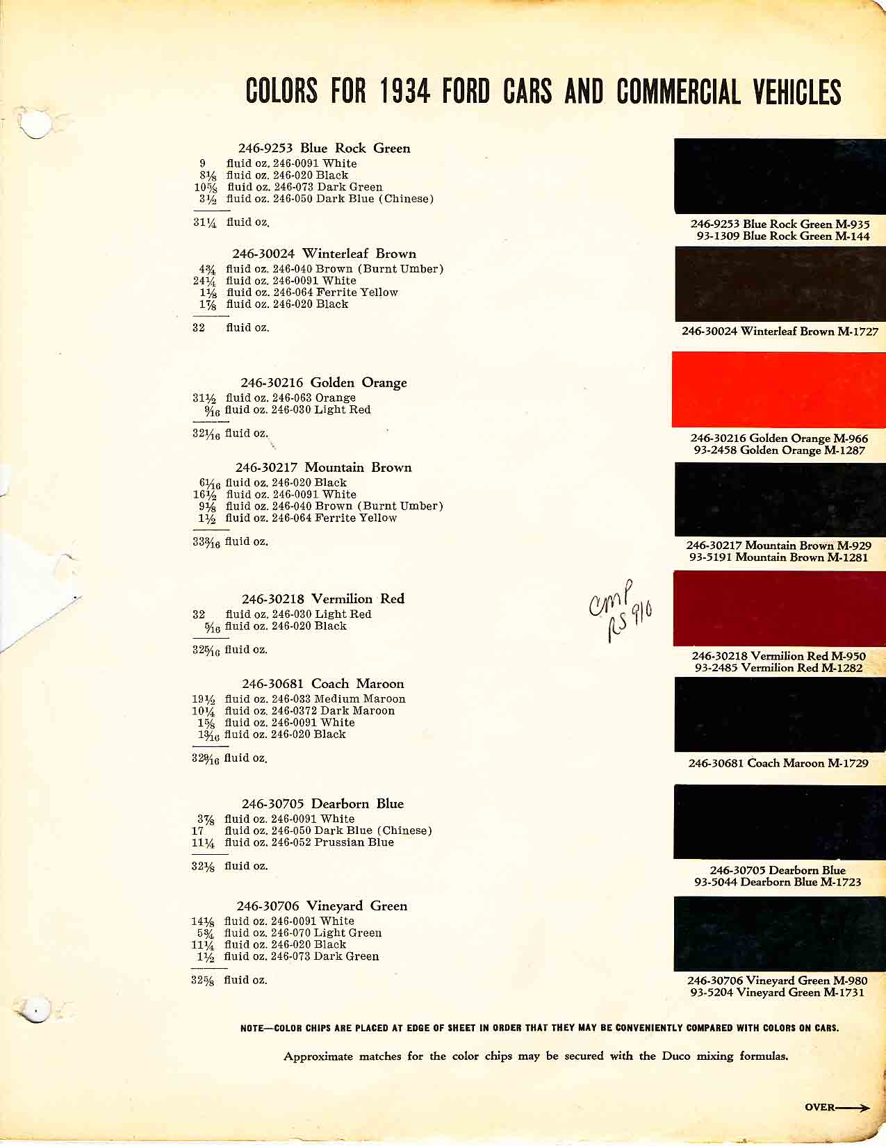 1934 Ford Paint Codes & Color Chart Ford Motor Vehicle Color Code Chart/Page Paint