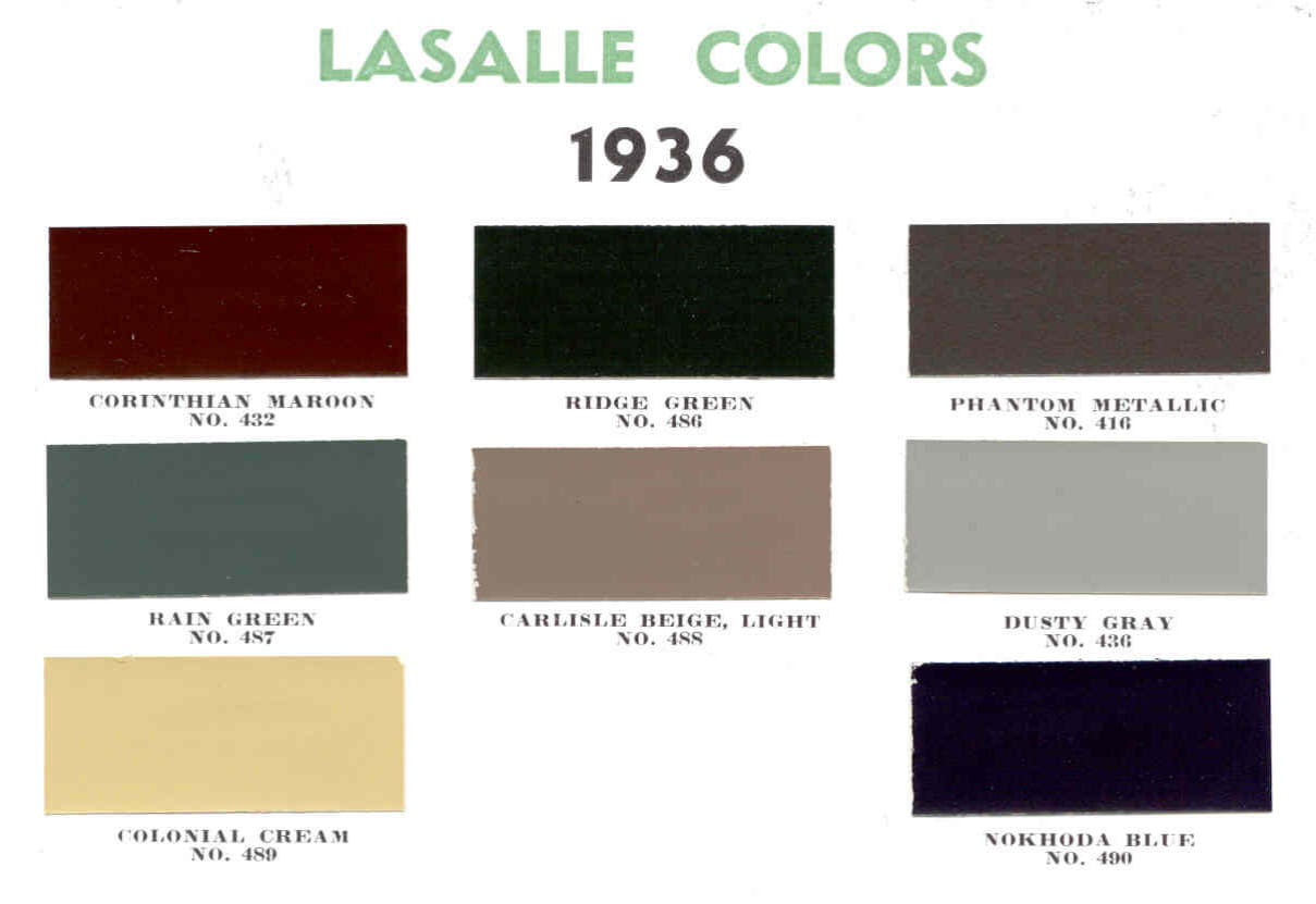 1936 LaSalle Paint Codes and Color Chart Colors and Codes used on the Exterior of Lasalles in 1936