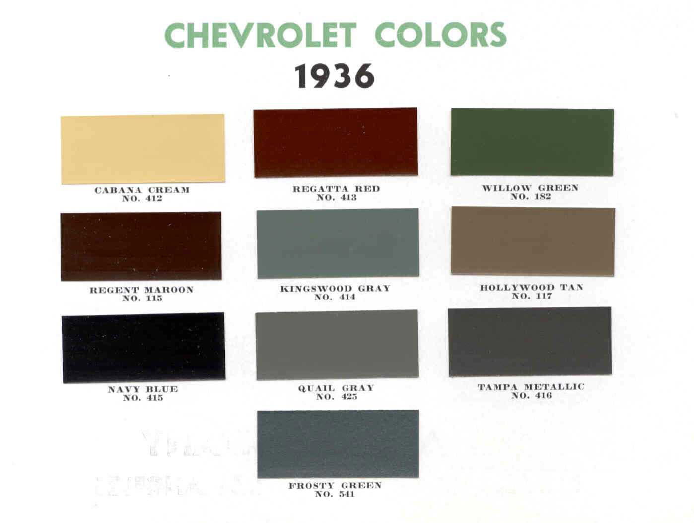 1936 Chevrolet Paint Chart and Color Codes Exterior Color and Codes used on 1936 Chevrolet Vehicles