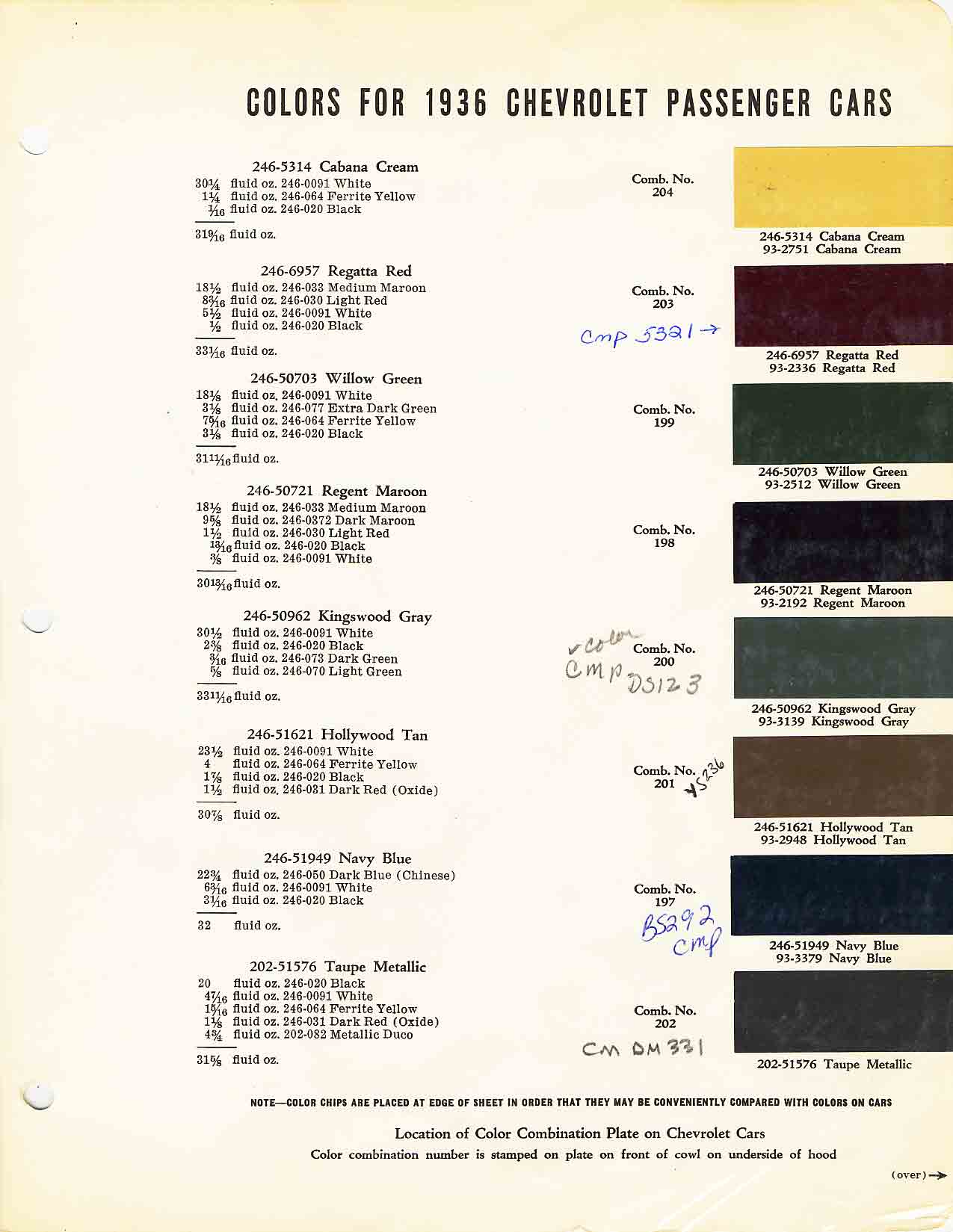 1936 Chevrolet Paint Chart and Color Codes Exterior Color and Codes used on 1936 Chevrolet Vehicles
