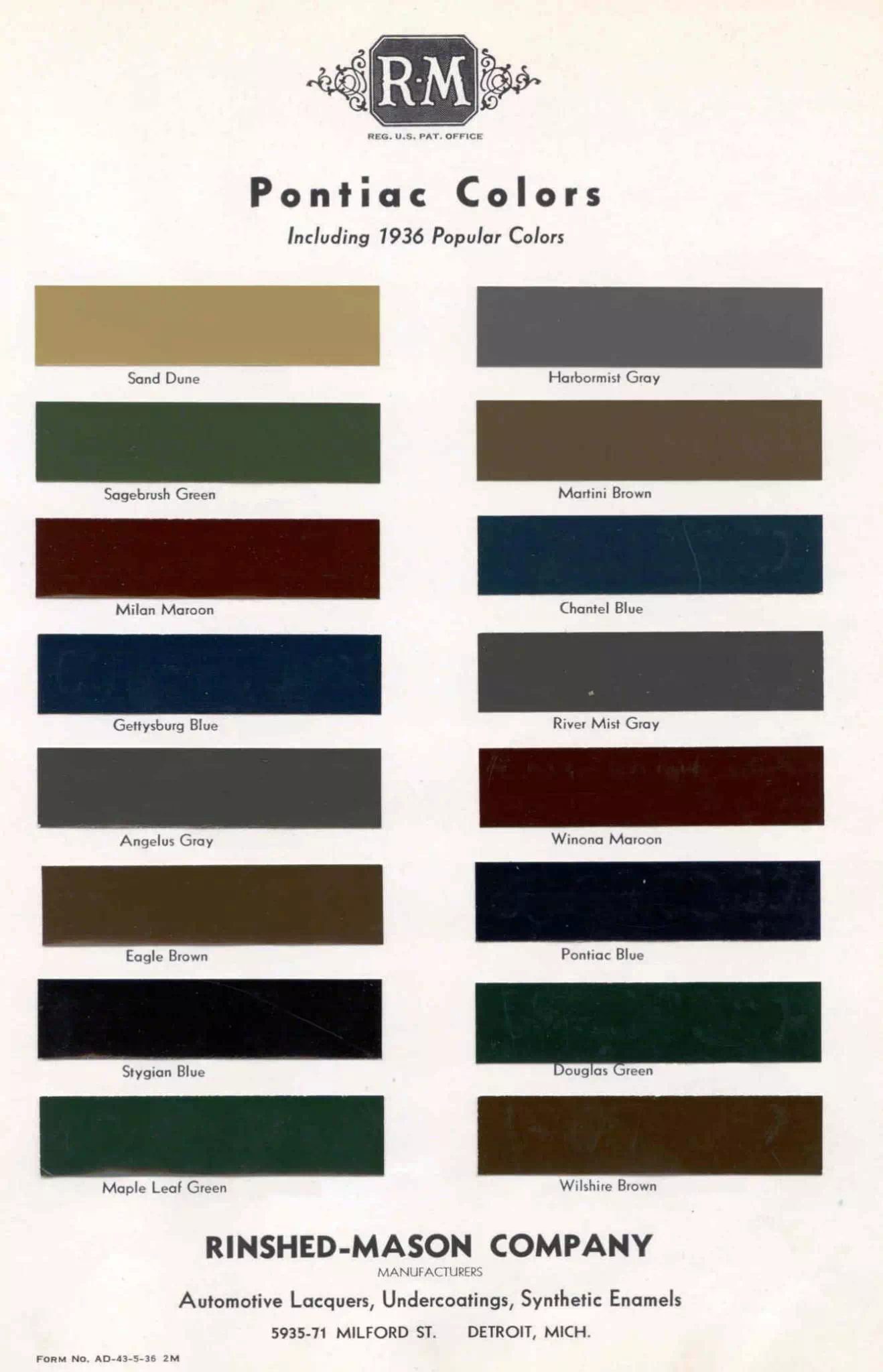 1936 Pontiac Paint Chart and Color Codes Colors and Codes used on the exterior of Pontiac Vehicles in 1936