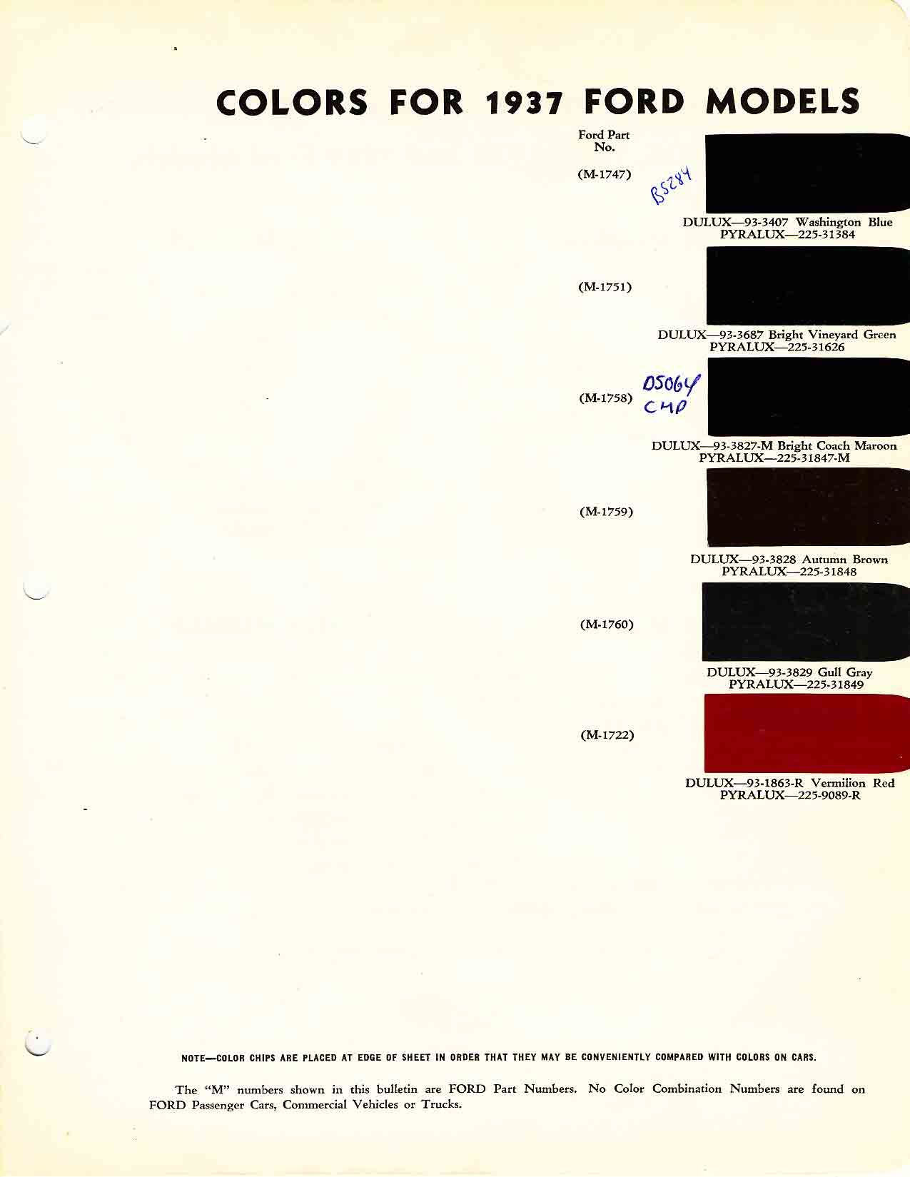 1937 ford Ford Motor Vehicle Color Code Chart/Page Paint