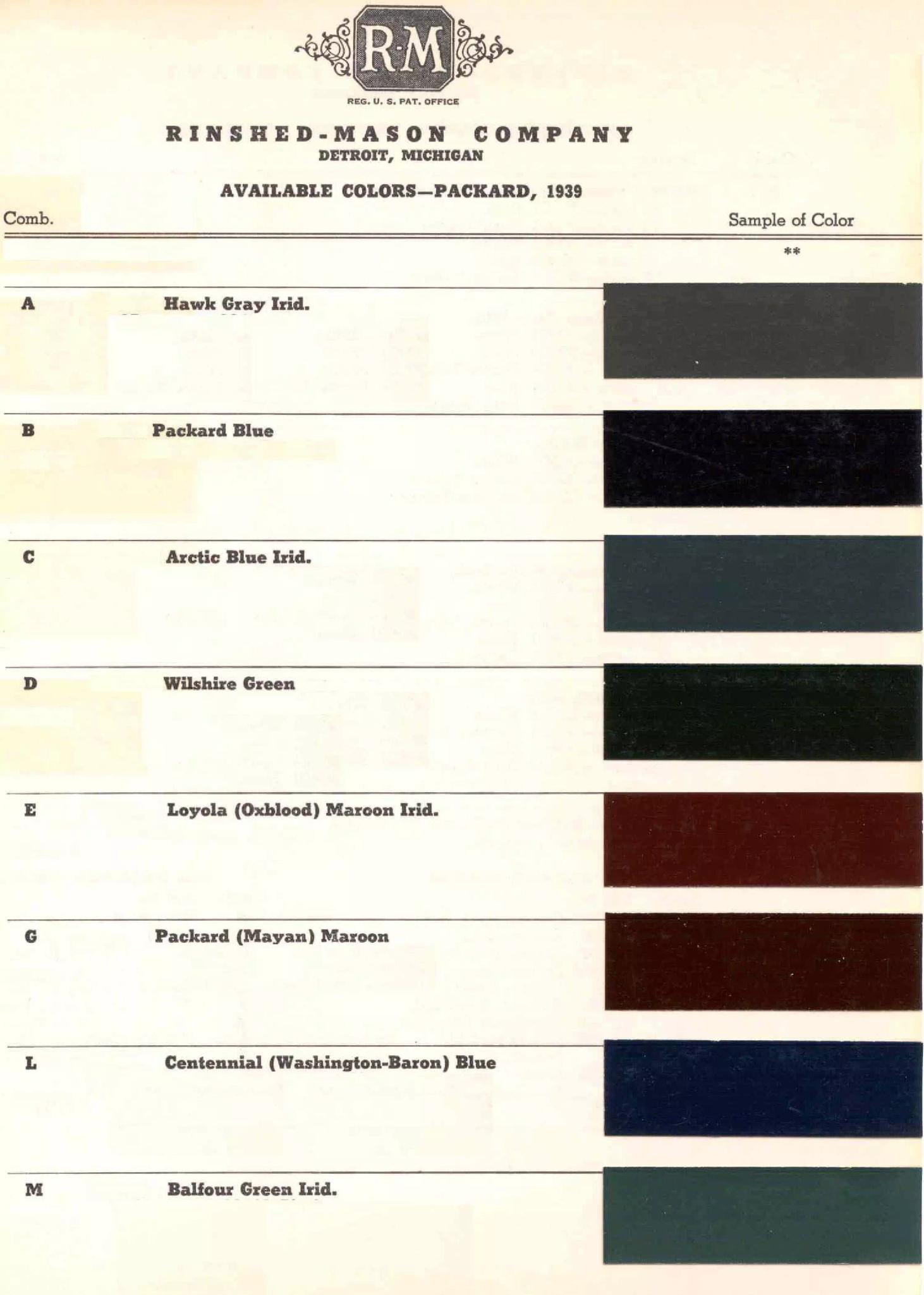 1939 Packard Paint Chart and Paint Codes Summary of all Colors and Codes used on Packard