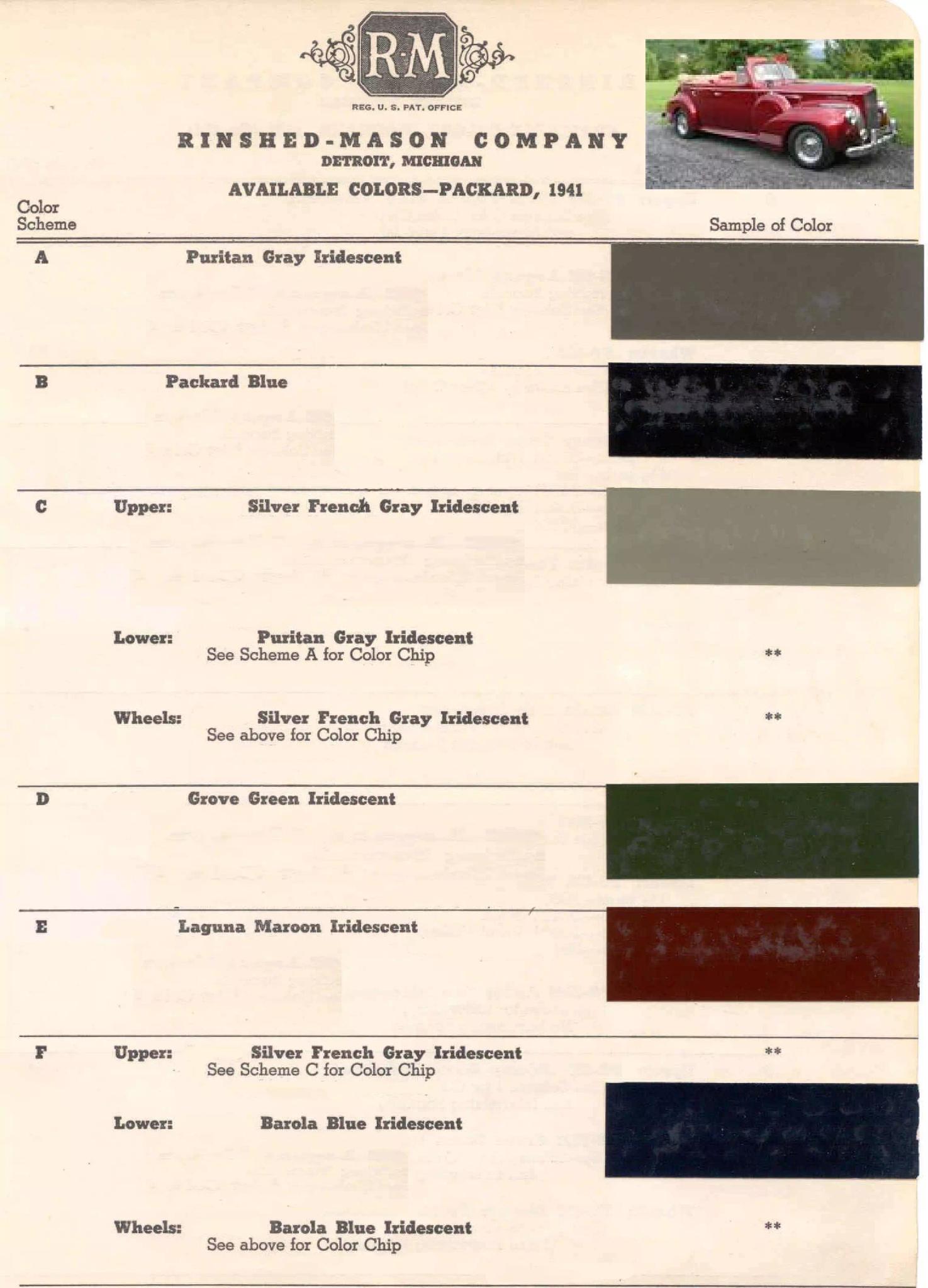 1941 Packard Paint Chart and Paint Codes Summary of all Colors and Codes used on Packard