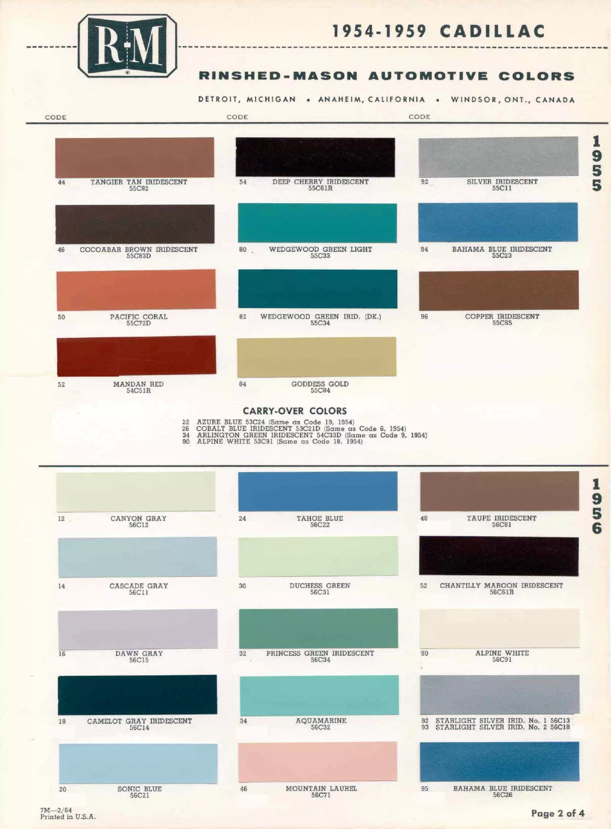 1955 Cadillac Paint Codes & Color Chart Paint color examples, their ordering codes, the oem color code, and vehicles the color was used on