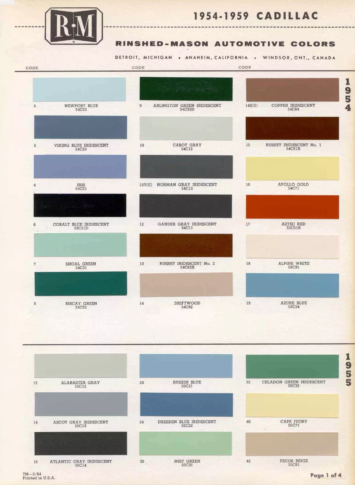 1955 Cadillac Paint Codes & Color Chart Paint color examples, their ordering codes, the oem color code, and vehicles the color was used on