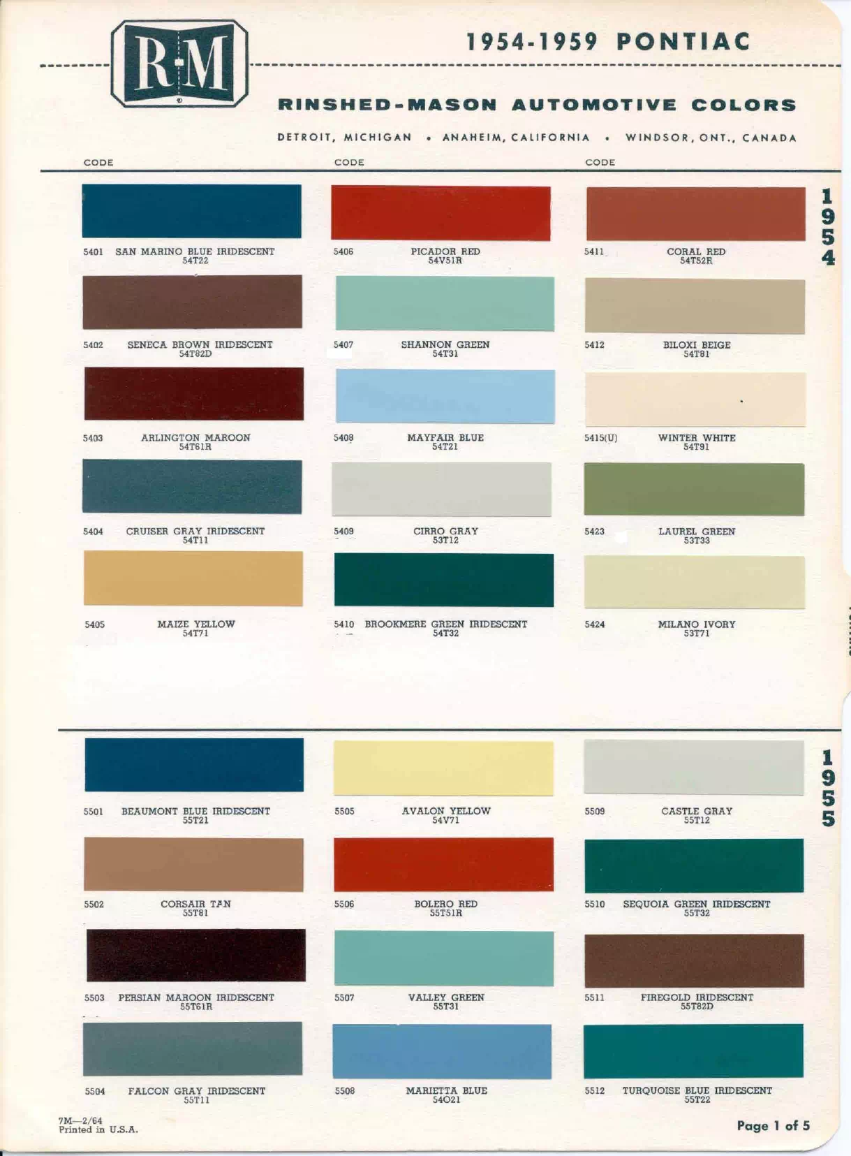 1955 Pontiac Paint Codes & Color Chart Paint color examples, their ordering codes, the oem color code, and vehicles the color was used on