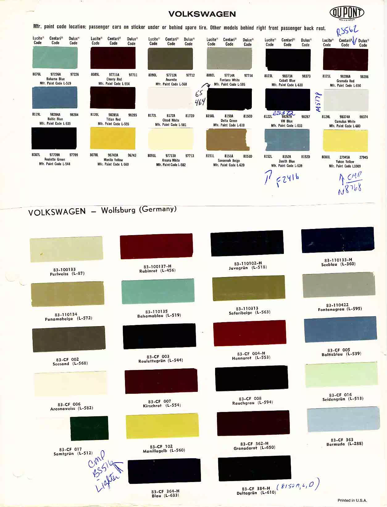 1959 Volkswagen Paint Codes & Color Chart Paint color examples, their ordering codes, the oem color code, and vehicles the color was used on