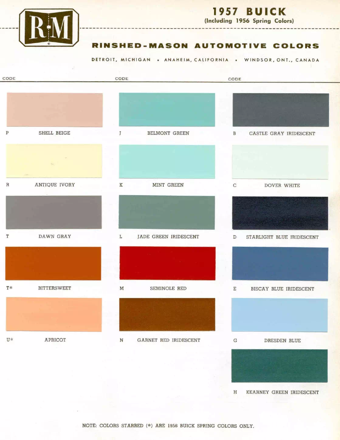 1957 Buick Paint Codes & Color Chart Paint color examples, their ordering codes, the oem color code, and vehicles the color was used on