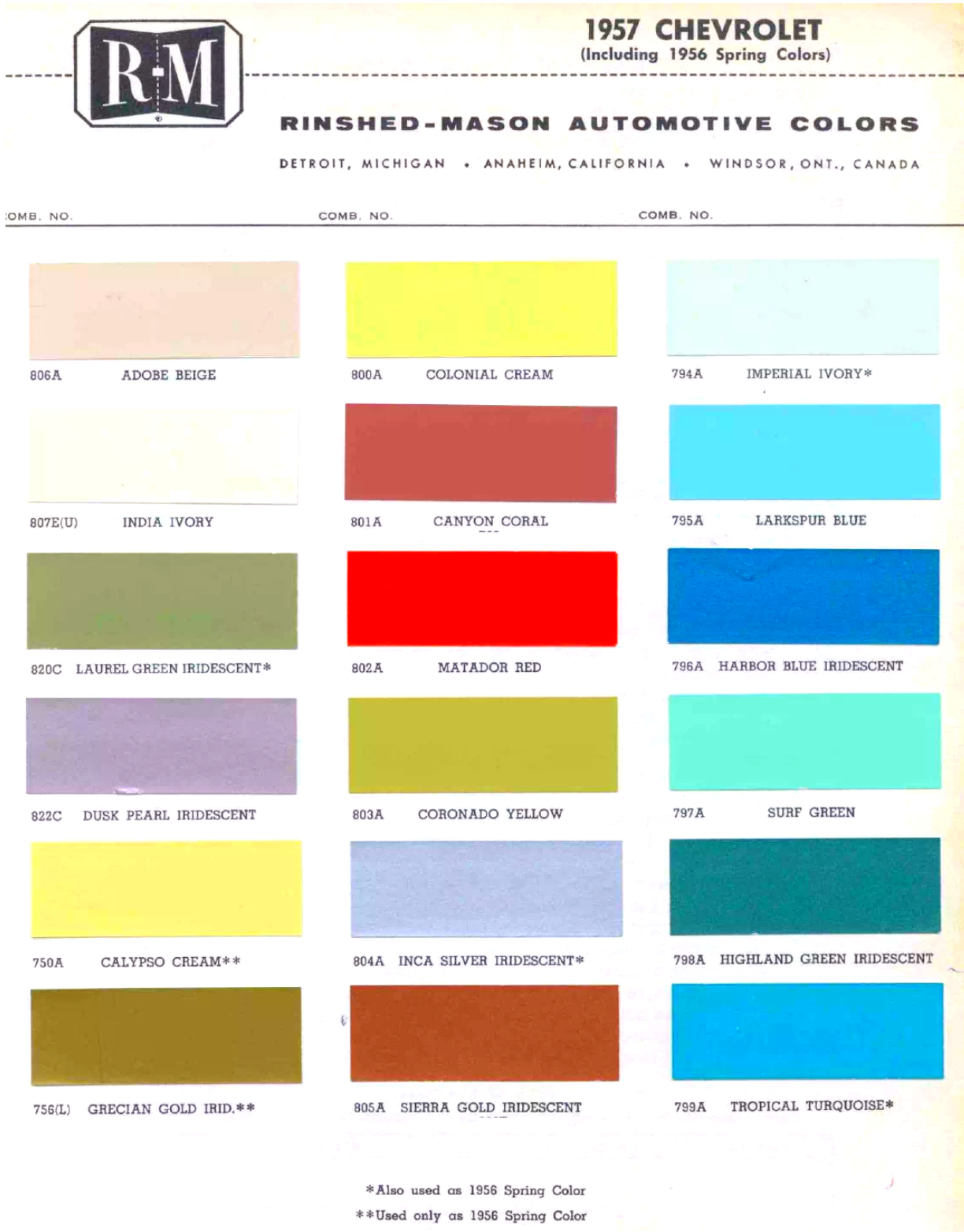1957 Chevrolet Paint Codes & Color Chart Paint color examples, their ordering codes, the oem color code, and vehicles the color was used on