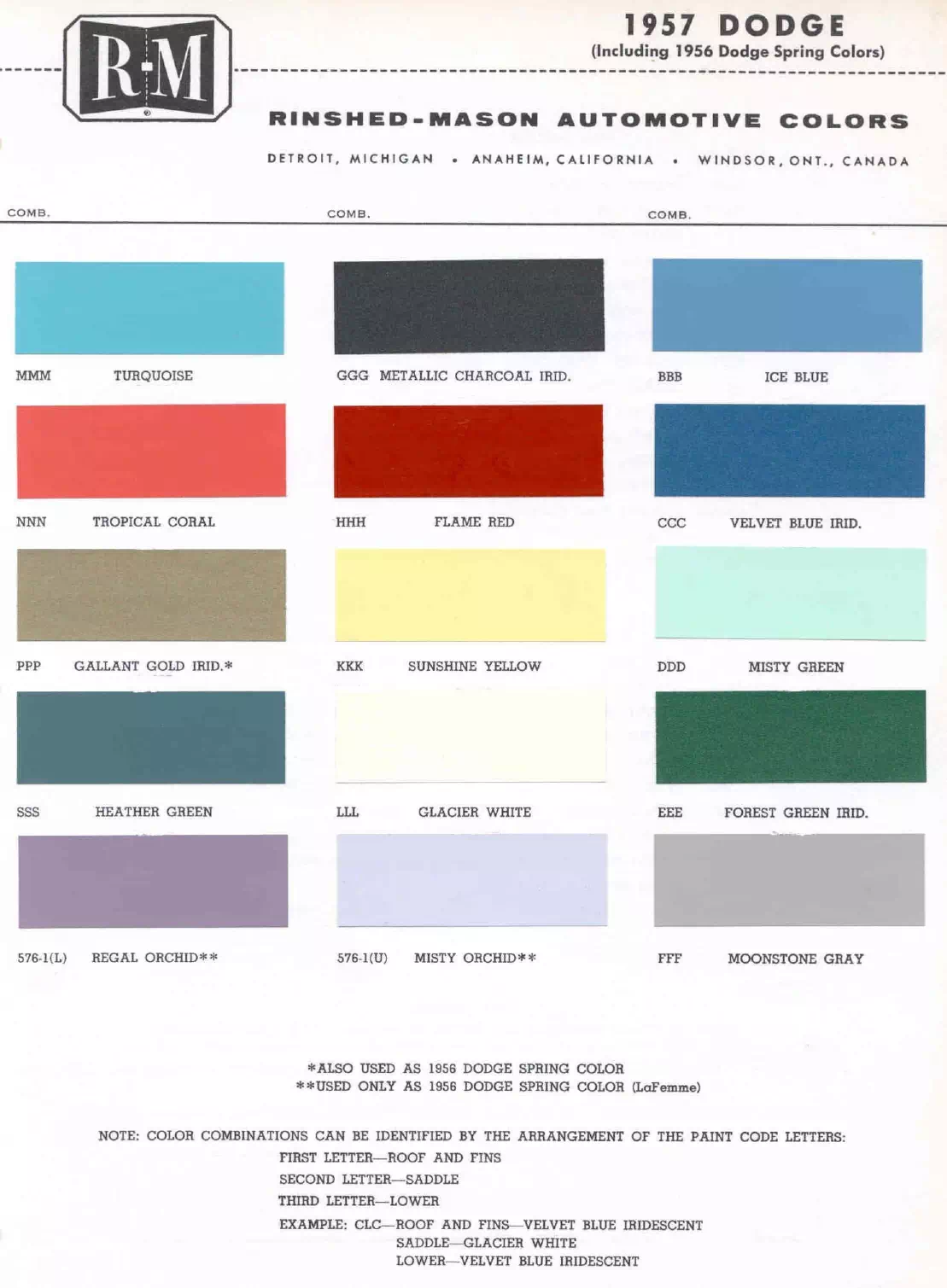 1957 Dodge Paint Codes & Color Chart Paint color examples, their ordering codes, the oem color code, and vehicles the color was used on