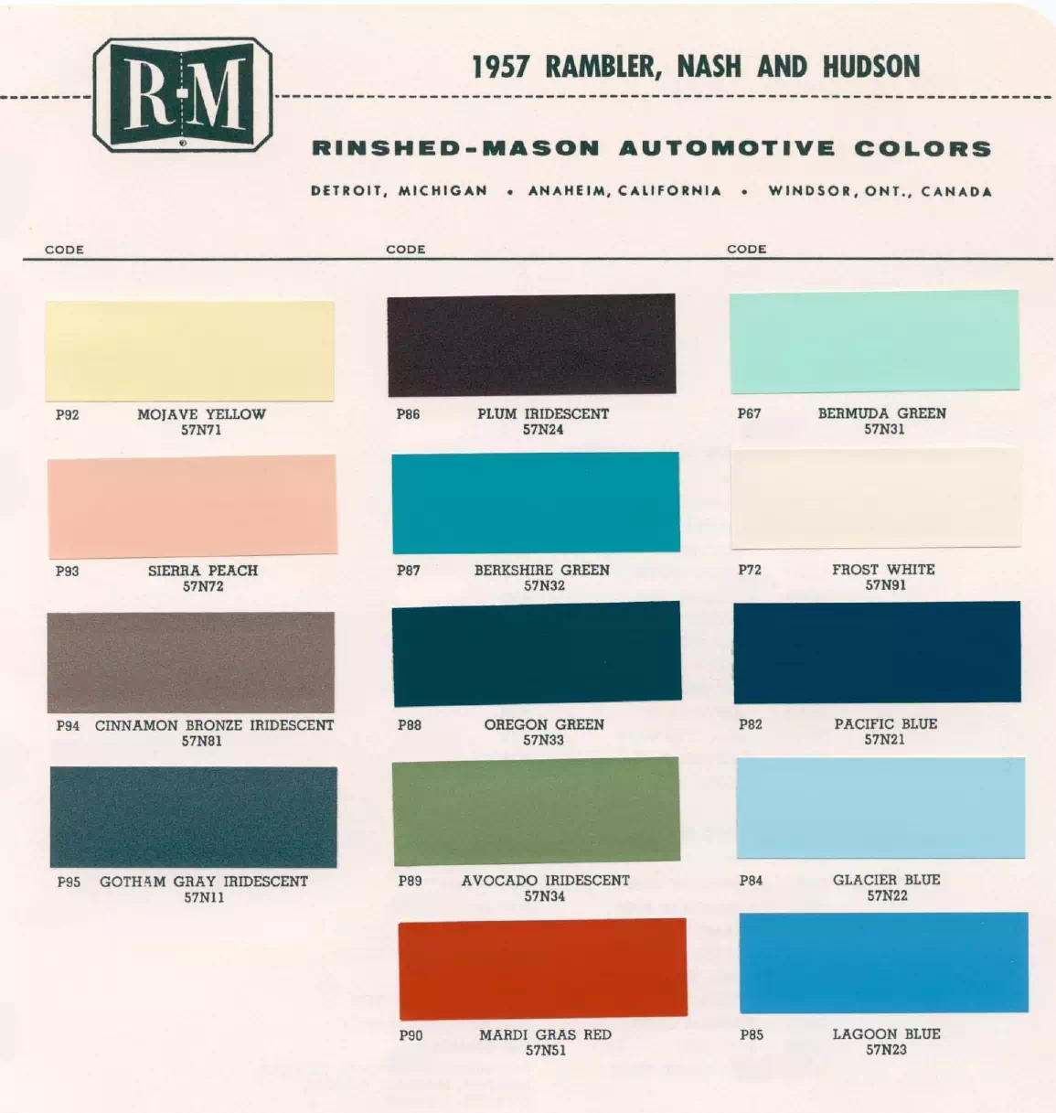 1957 Rambler, Nash & Hudson Paint Codes & Color Chart Paint color examples, their ordering codes, the oem color code, and vehicles the color was used on