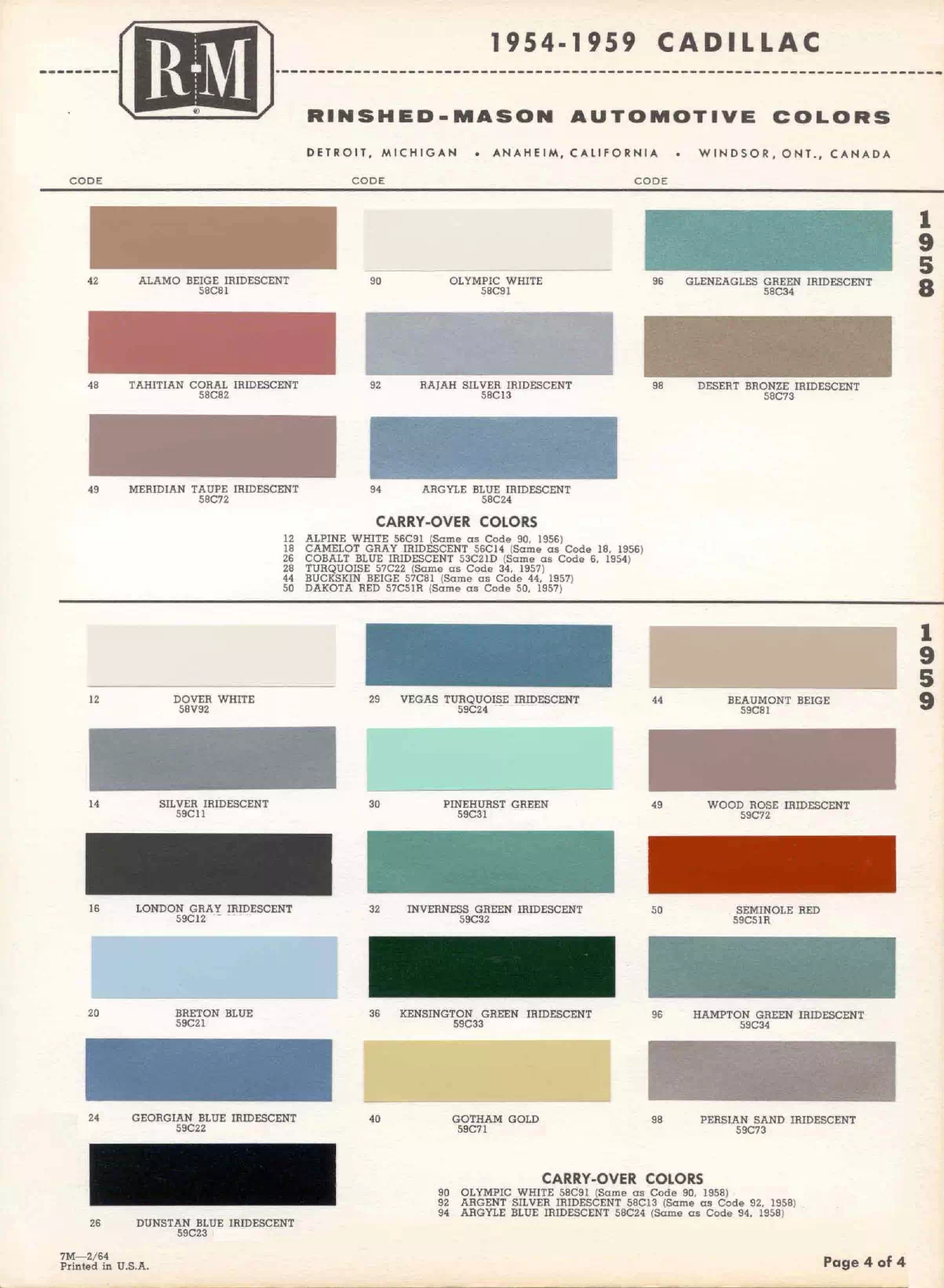 1959 Cadillac Paint Codes & Color Chart Paint color examples, their ordering codes, the oem color code, and vehicles the color was used on